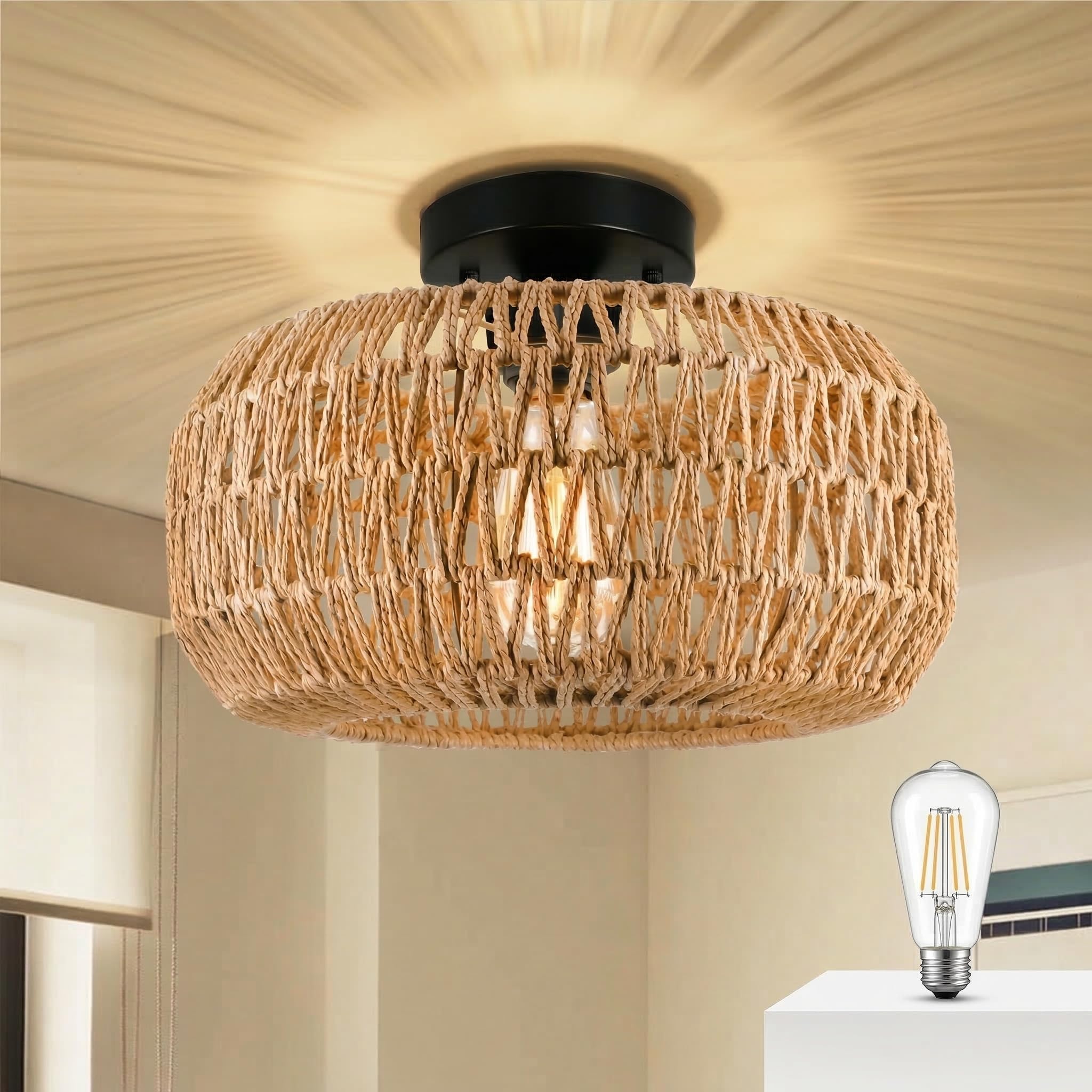 SERBASIC Rattan Ceiling Lights Boho Chandeliers with Bulb,Livingroom Ceiling Light Fixture with E27 Base for Hallway,Kitchen,Dining Room,Bedroom