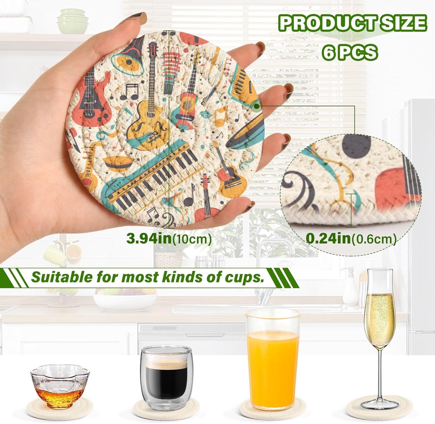 Musical Instrument Music Note Coasters Set of 6 Absorbent Drink Coaster with Holder for Cup Coffee Table Home Decor 3.94 Inch - Image 3