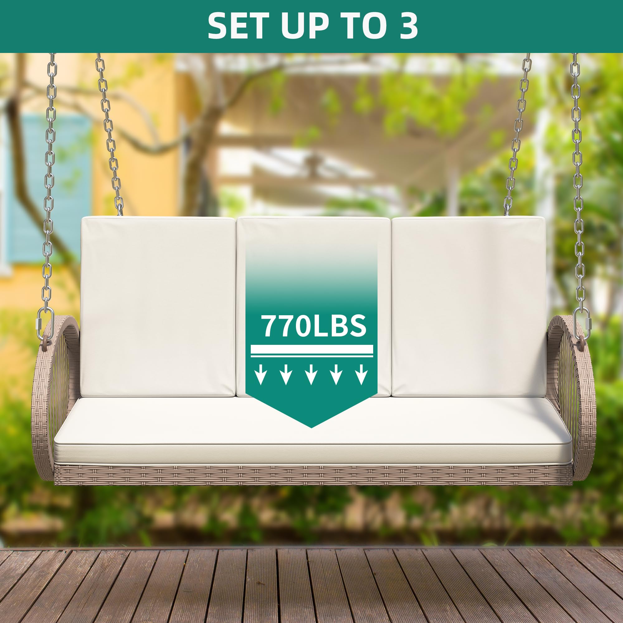 YITAHOME Hanging Porch Swing Chair Sits 2 People, Patio Swing Lounge Chair, 1 Seating & 2 Back Cushions with Removable Covers, Weight Capacity 530lbs, for Garden, Balcony, Living Room, Backyard, Beige