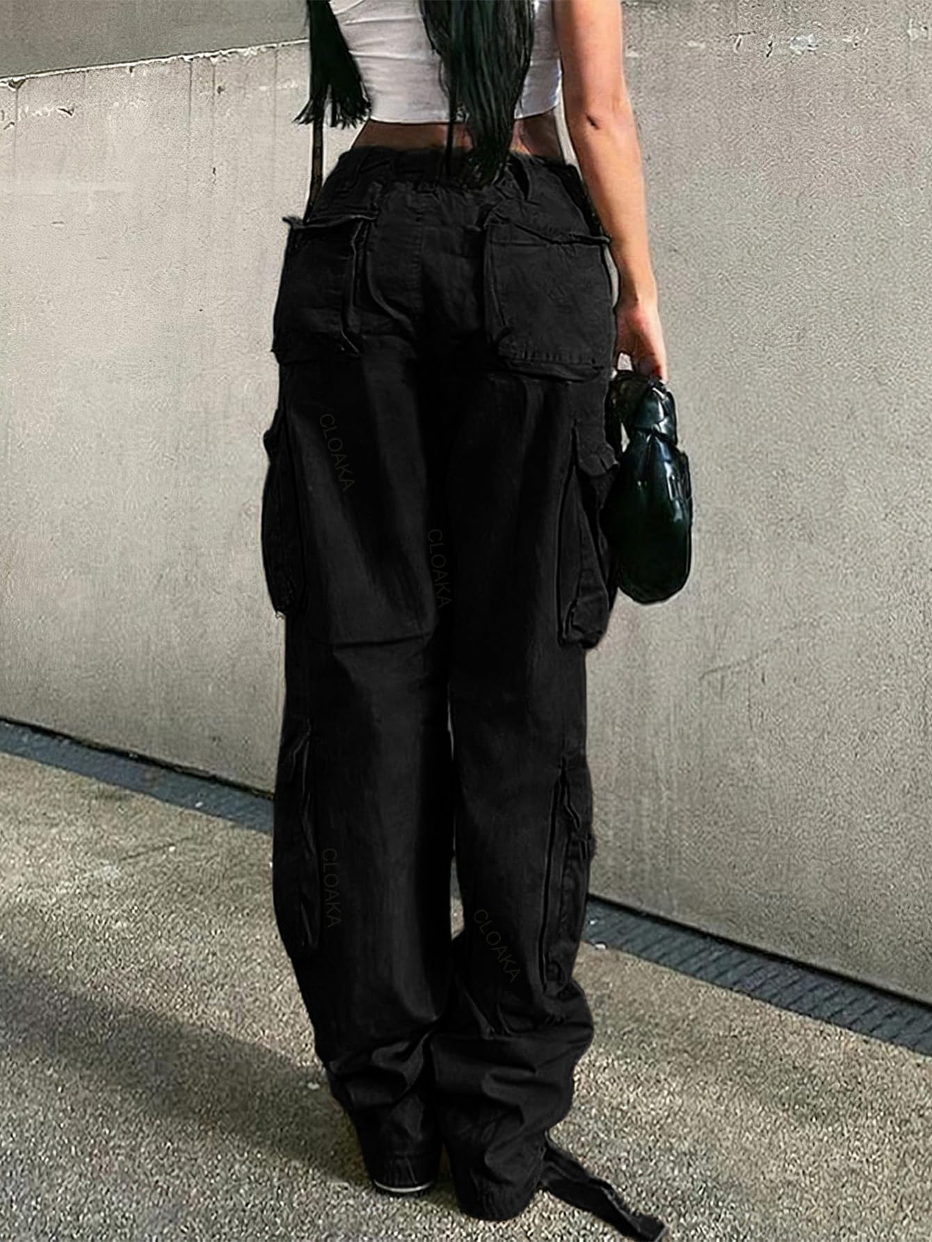 CLOAKA Pantaloni cargo da donna Y2k a gamba larga, per il tempo libero, in cotone, a vita alta, con tasche, Streetwear Cargo