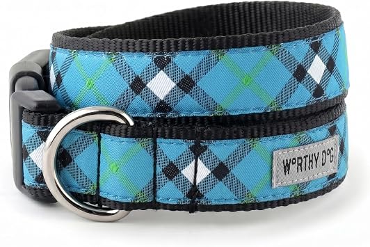 The Worthy Dog Bias Plaid Dog Collar, Adjustable and Breathable Nylon Pets Collar with Strong Quick Release Buckle Fits Medium Dogs Blue
