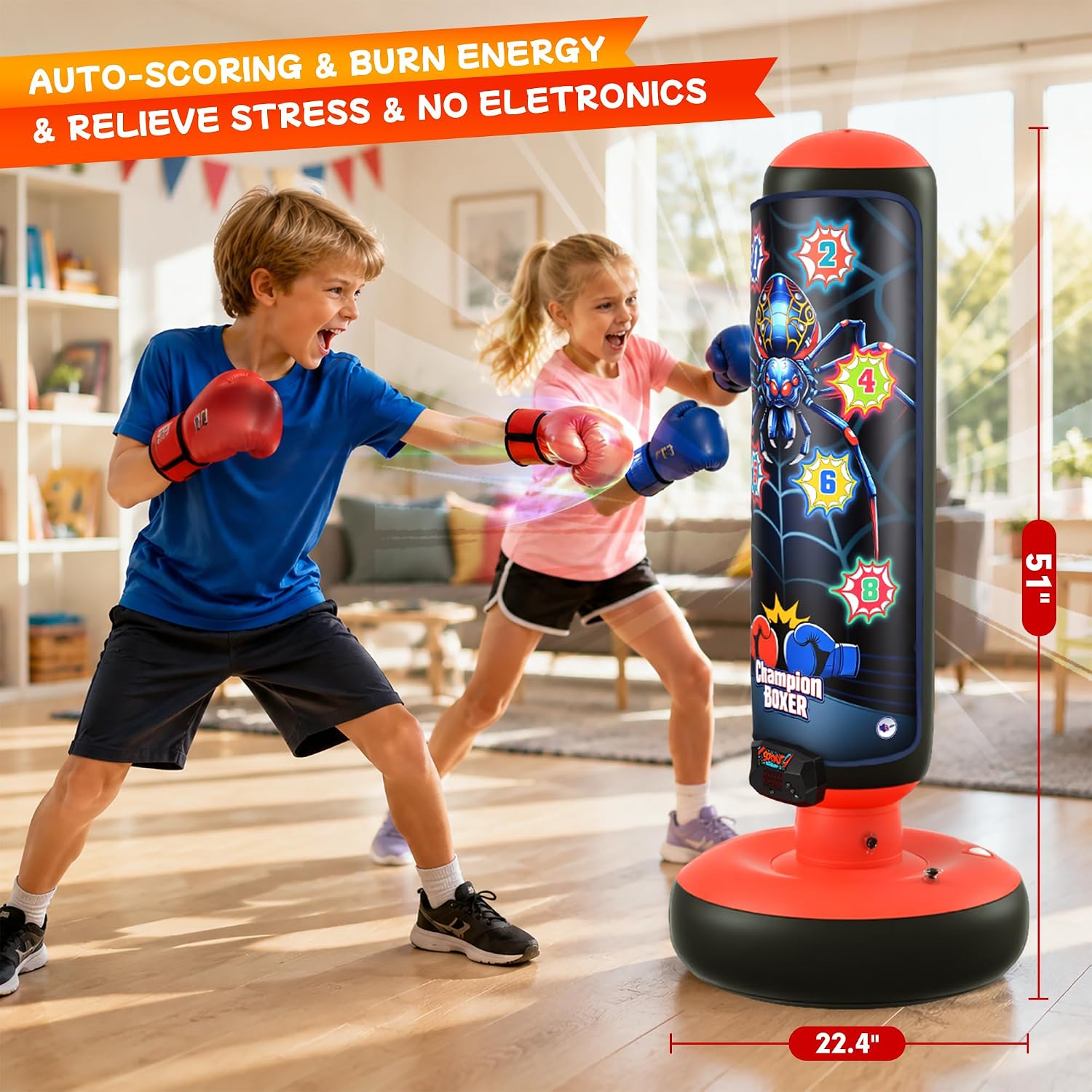 Smart Electronic Punching Bag for Kids,Boxing Set with Scoring,Lights,Music,4 Game Modes-Challenge,Memory,Inflatable Boxing Bag with Gloves,Interactive Gifts Toys for 4-12 Years Old Boys Girls thumbnail