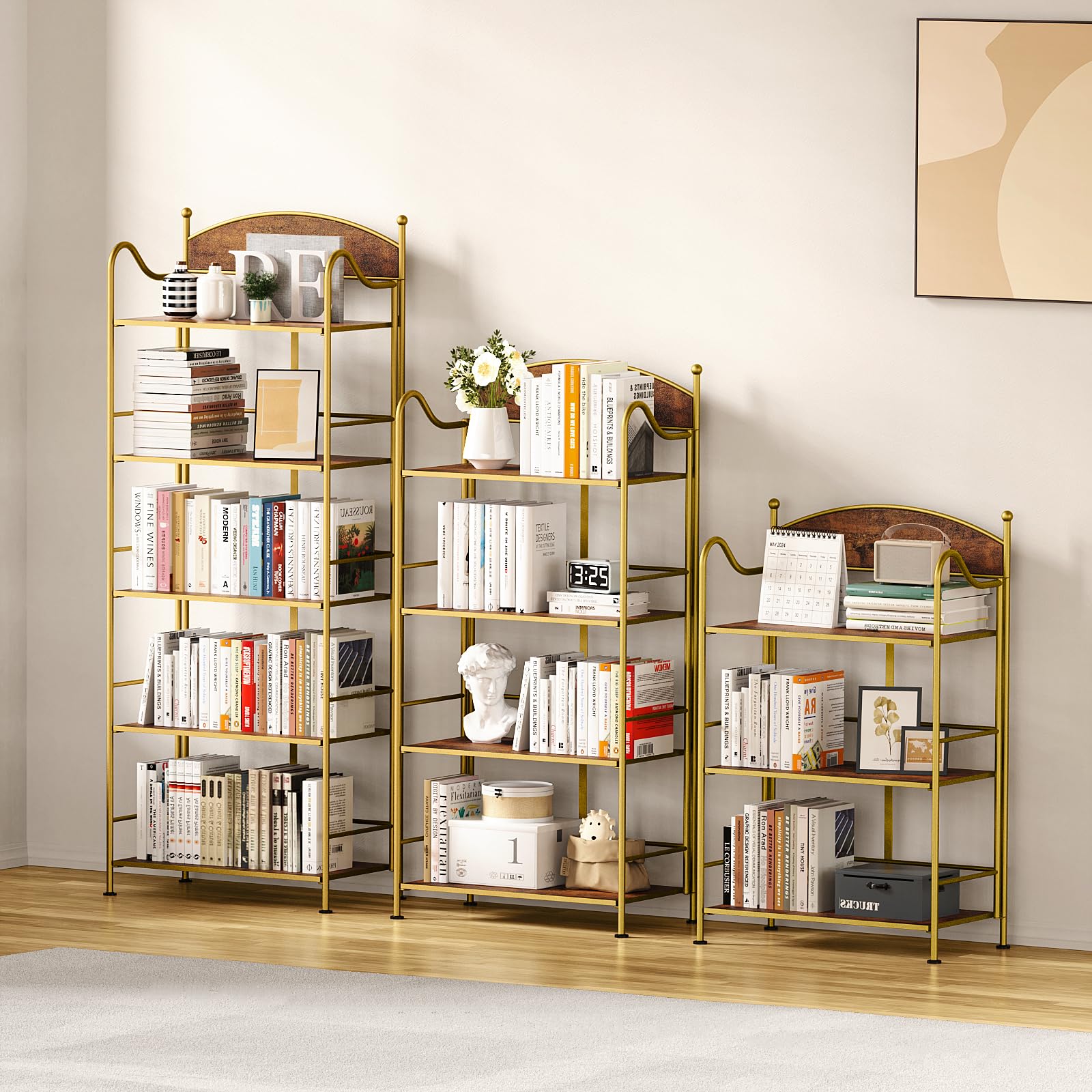 Foldable Metal Bookcase - No Assembly Retro Shelf, Floor Standing, Gold, 34x21x111cm, Holds 25 Lbs Per Shelf