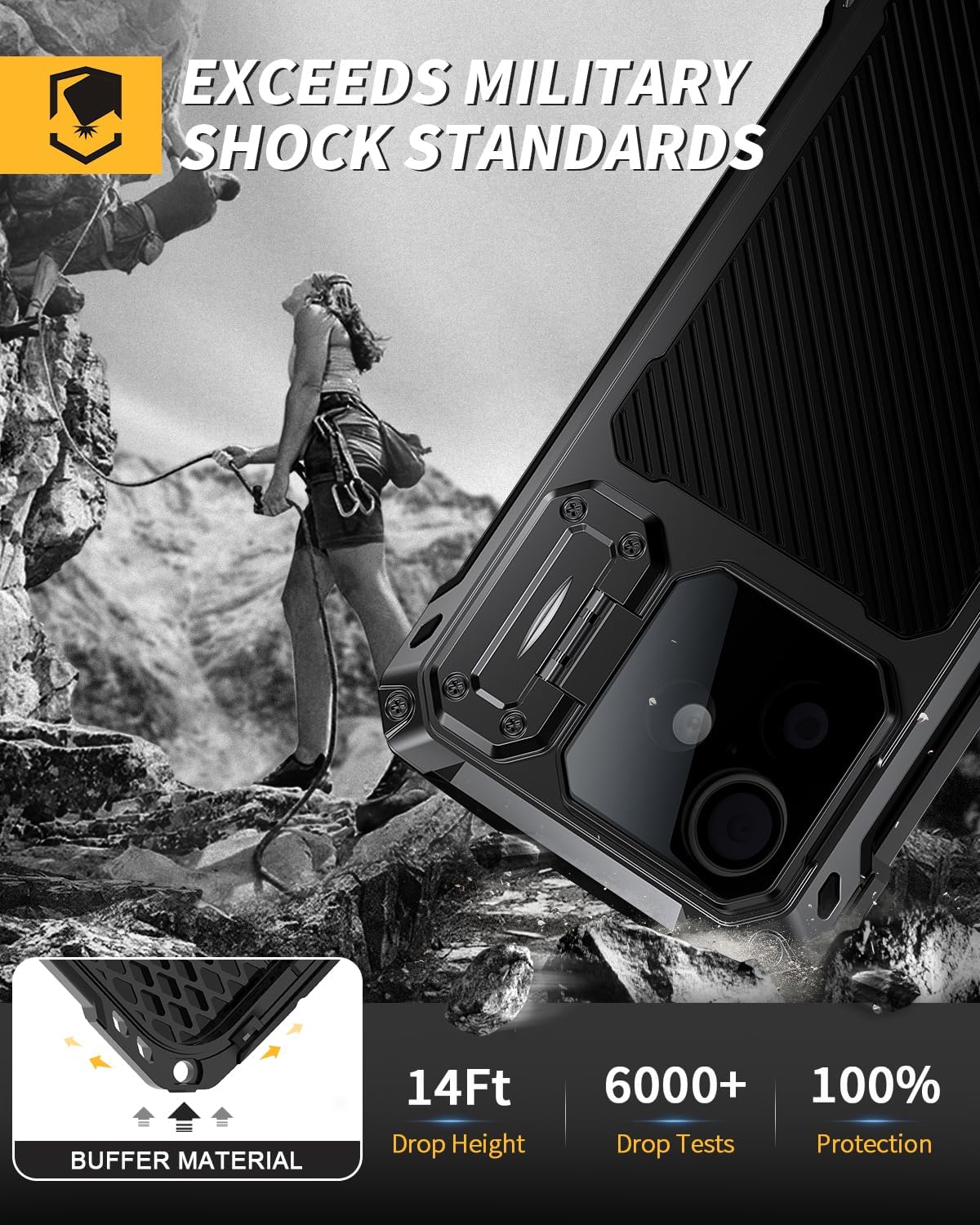 Lanhiem for iPhone 17 Metal Case with Kickstand, Compatible with MagSafe, Built in Tempered Glass Screen Protector, Full Body Camera Protection, Heavy Duty Rugged Military Phone Case, Black