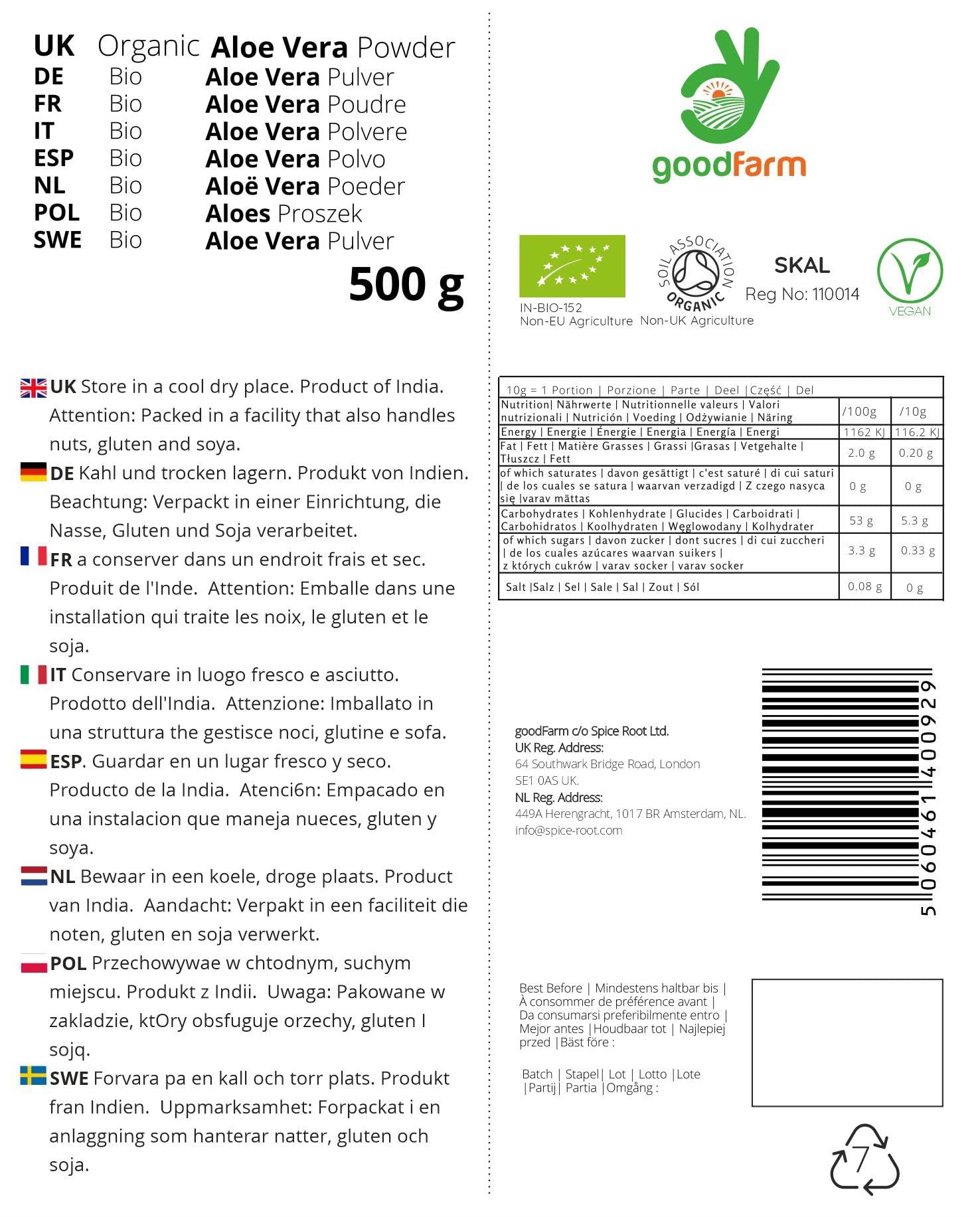 GoodFarm Bio Aloe Vera Pulver 500g - Premium Qualitt, Zertifiziert Bio |  Hervorragend fr die Hautpflege geeignet | Vegan | Ayurveda : Amazon.de:  Drogerie & Krperpflege