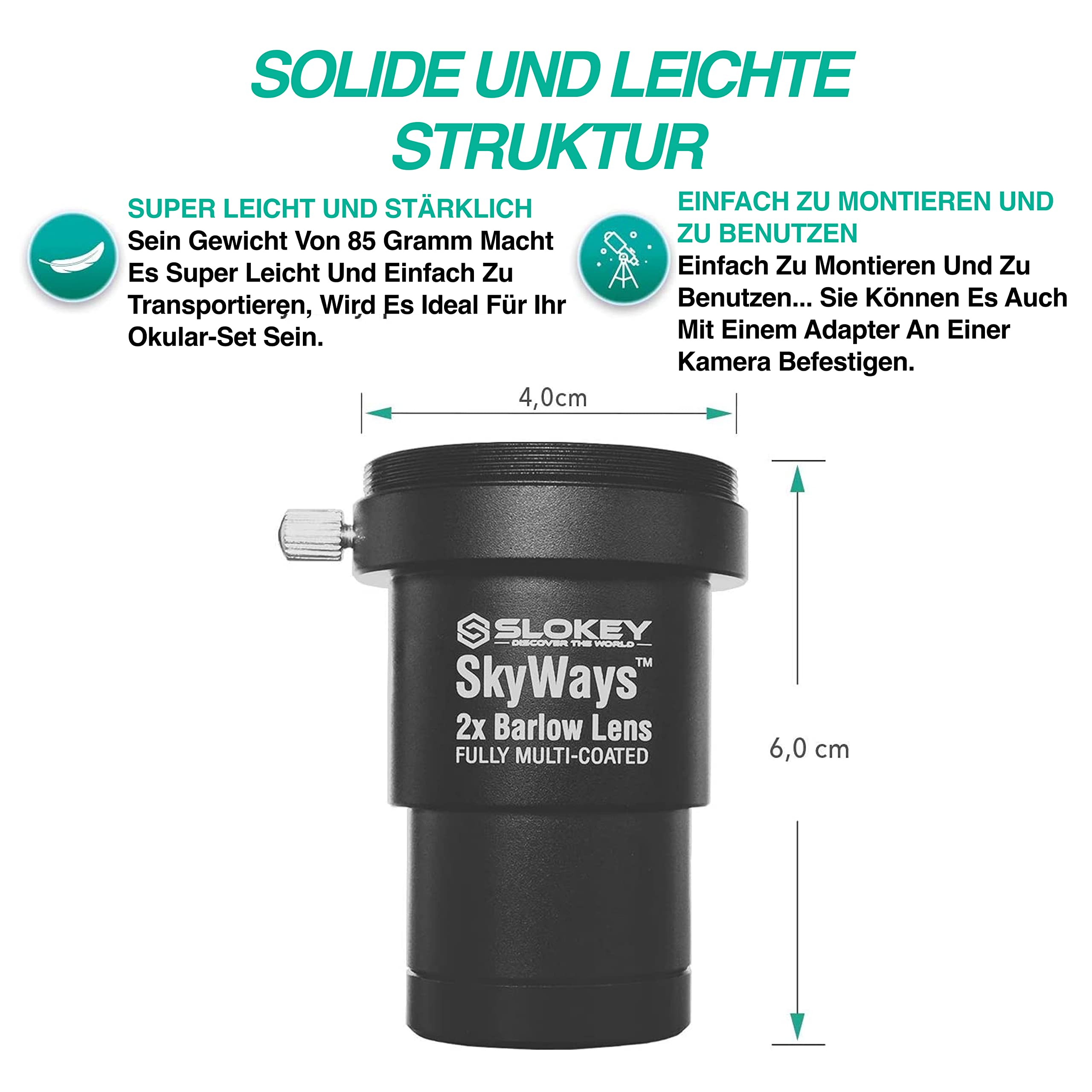 Barlow 2X Pro Slokey SkyWays Achromatisches Objektiv, hochwertige optische Qualität, behandelt mit FMC und Antireflexbeschichtung für EIN klares und helles Bild - Superleicht, kompakt und robust