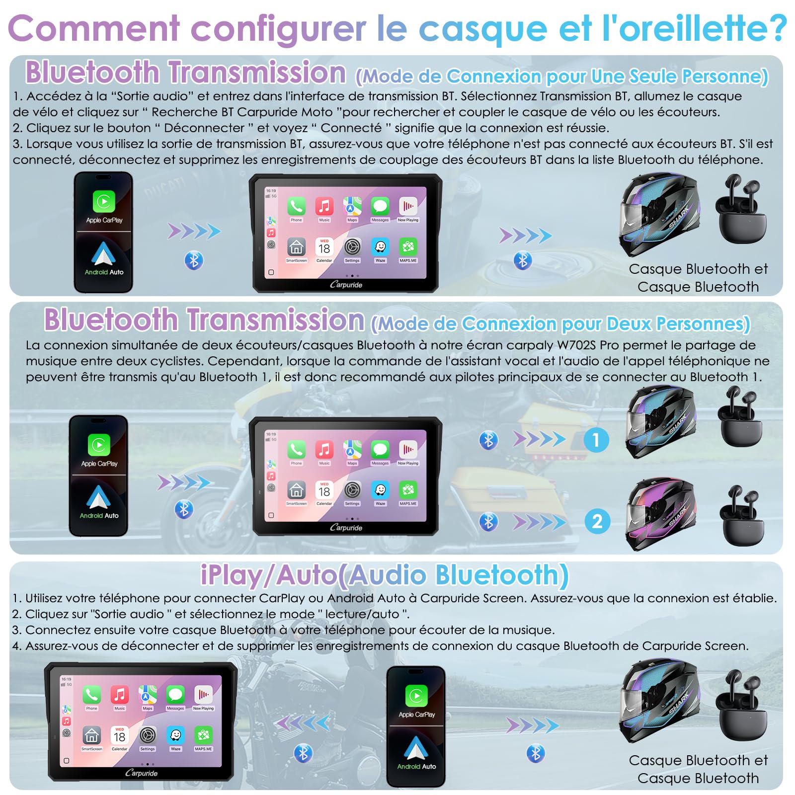 CARPURIDE W702RS Pro Écran Carplay pour Moto avec Radar BSD et Support BM05 | Sans fil CarPlay & Android Auto, écran tactile étanche 7", Fonction Interphone, Double Bluetooth, Contrôleur Filaire