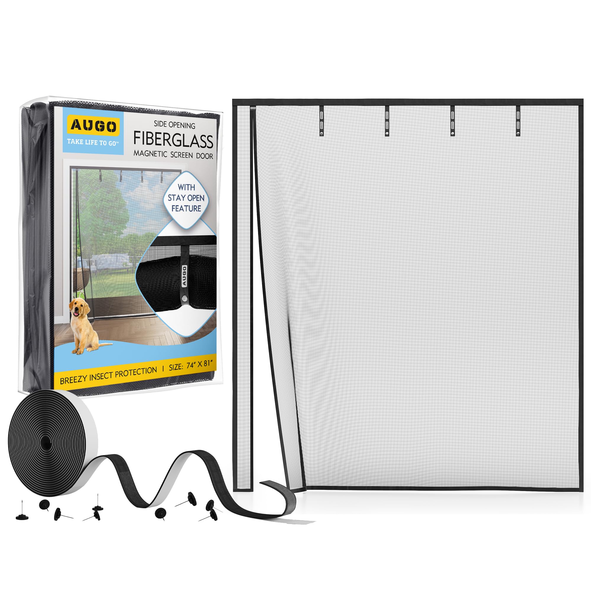 AUGO Fiberglass Magnetic Screen Door Reversible Left Right Side Opening - Self Sealing, Heavy Duty, Hands Free, Keeps Bugs Out - Pet and Kid Friendly - Patent Pending Keep Open Feature – 74” x 81”