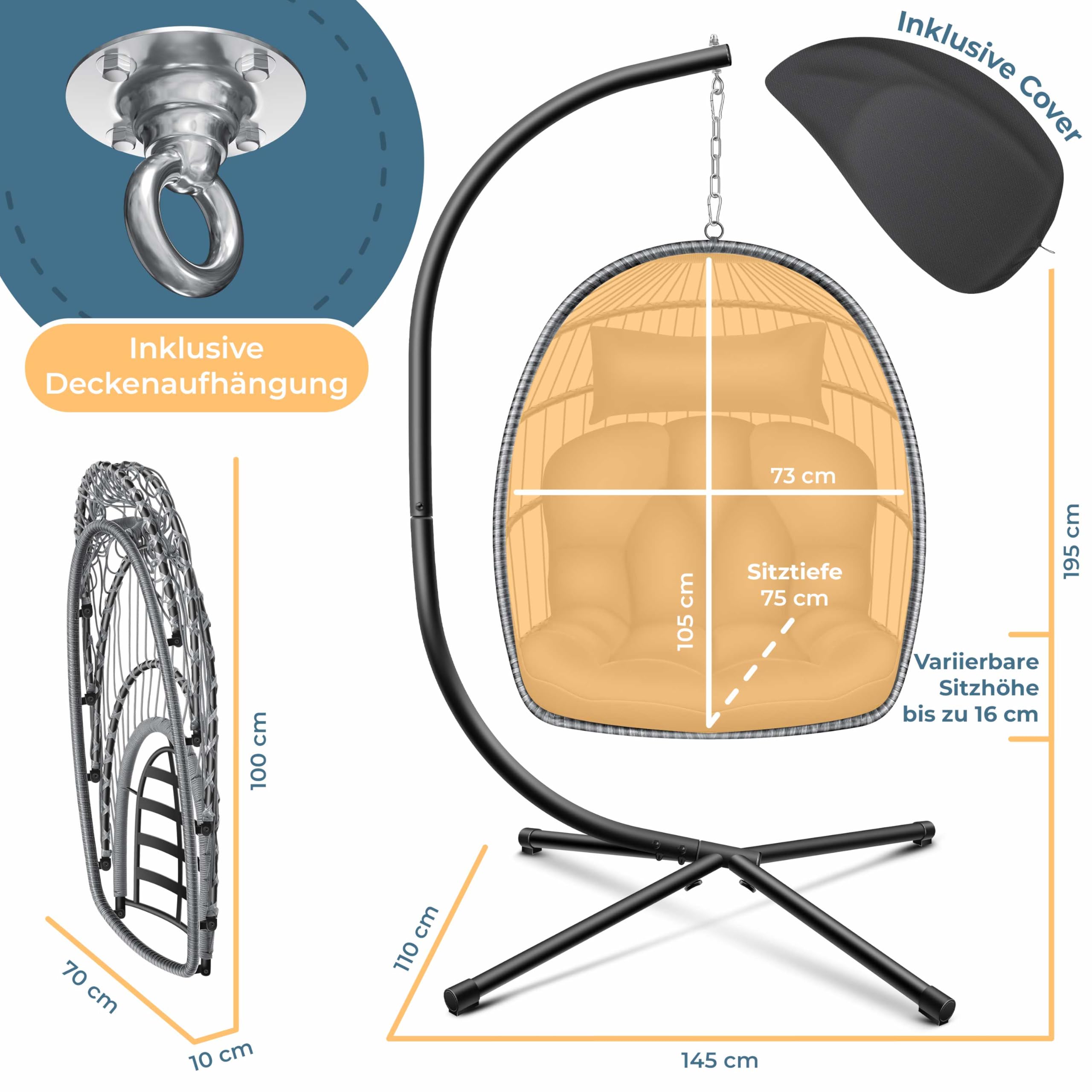 KESSER® Hängesessel Jungle mit Gestell Stahl Hängekorb Sessel Großen Kissen + Decken Halterung + Cover Hängeschaukel Hängesitz Indoor - Outdoor Schaukel Hängestuhl für Kinder und Erwachsene, Grau