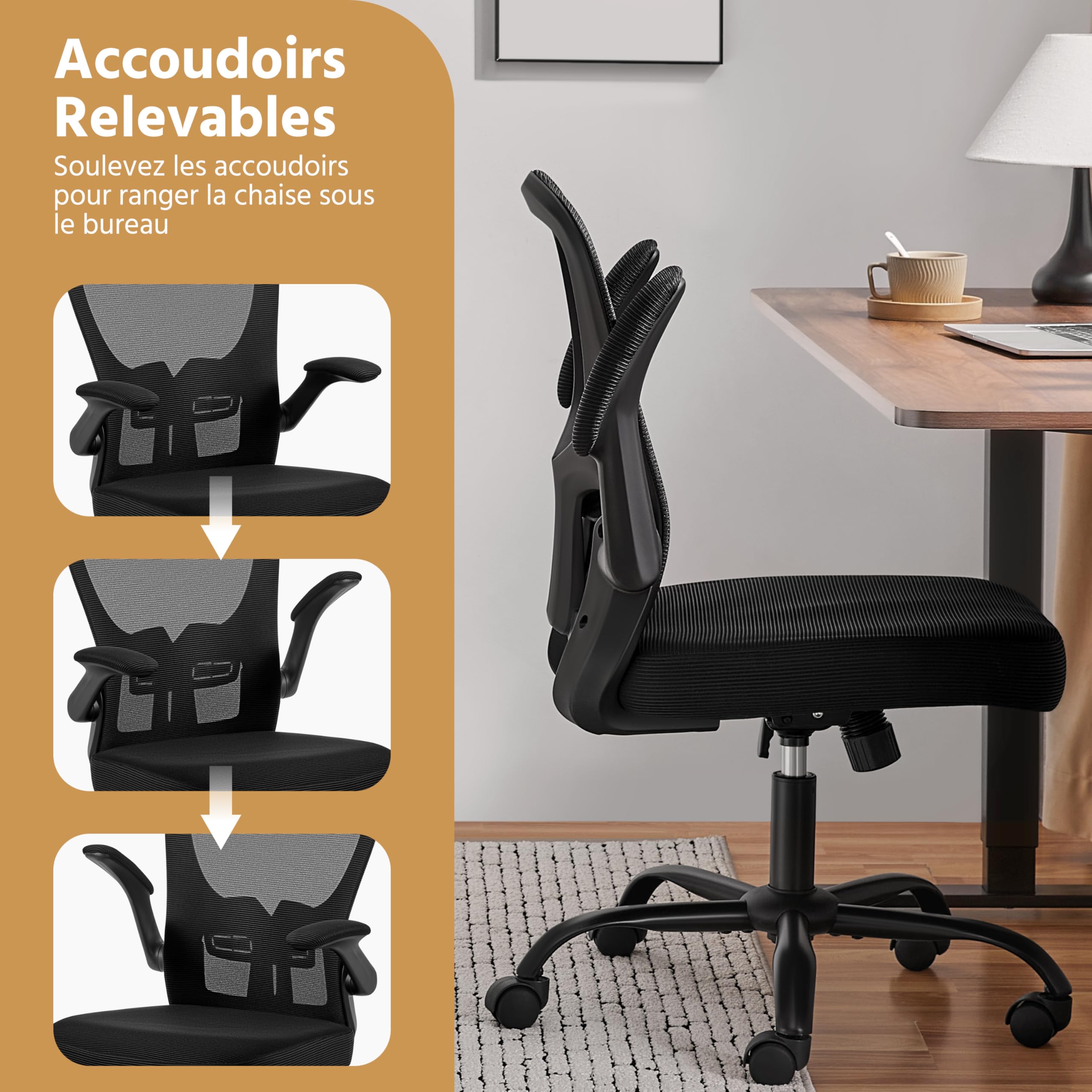 Yaheetech Chaise de Bureau à roulettes avec Accoudoirs Pliables Noir