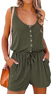 Women's Summer Casual Shorts Jumpsuit Plain Scoop Neck Button Down Sleev...