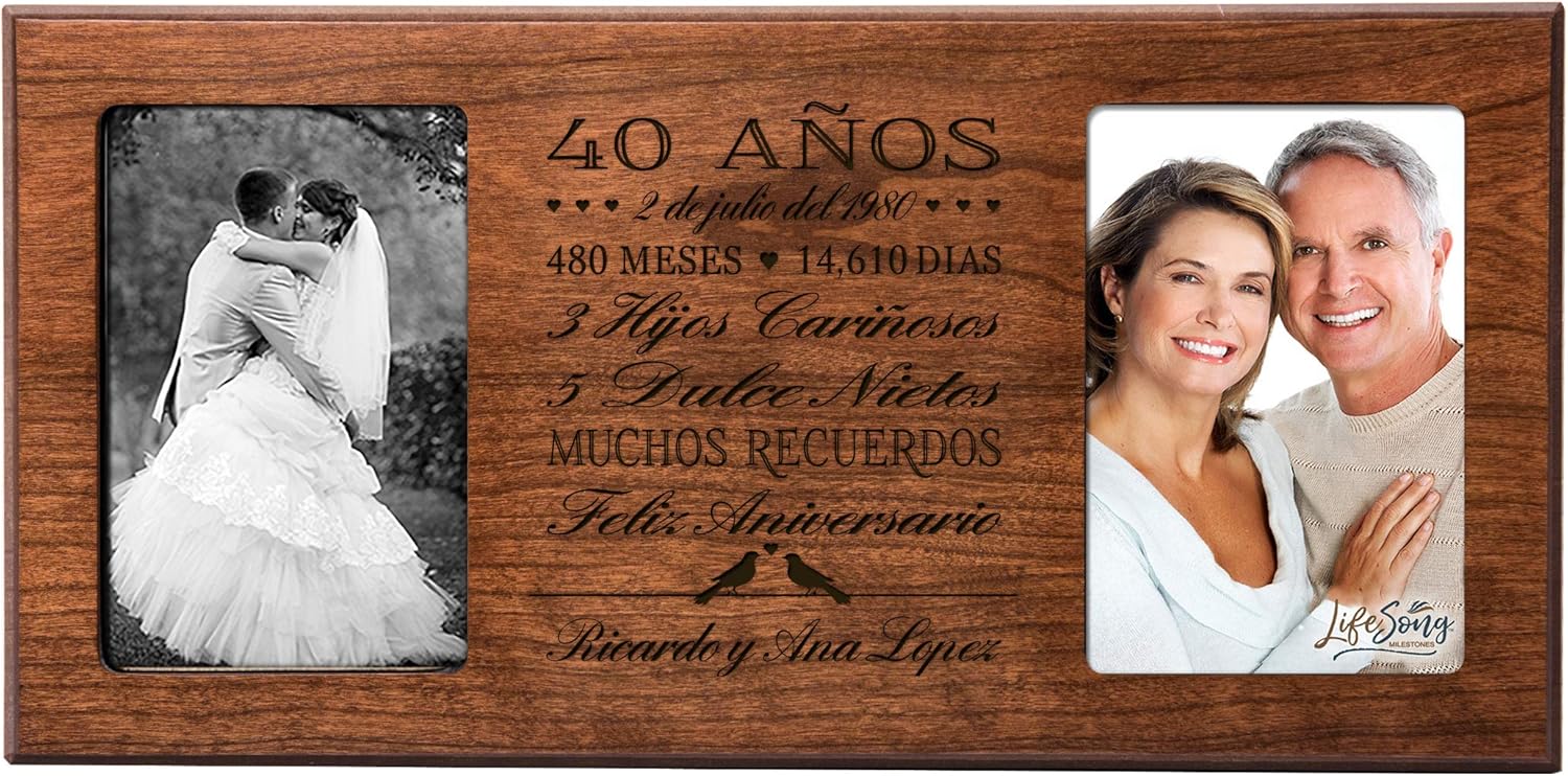 LifeSong Milestones Personalized 40th Anniversary Picture Frame Marriage Keepsake Gift with Spanish Verse - Forty Years Wedding Gift for Parents Husband Wife Him Her Holds 2-4x6 Photo (Cherry)