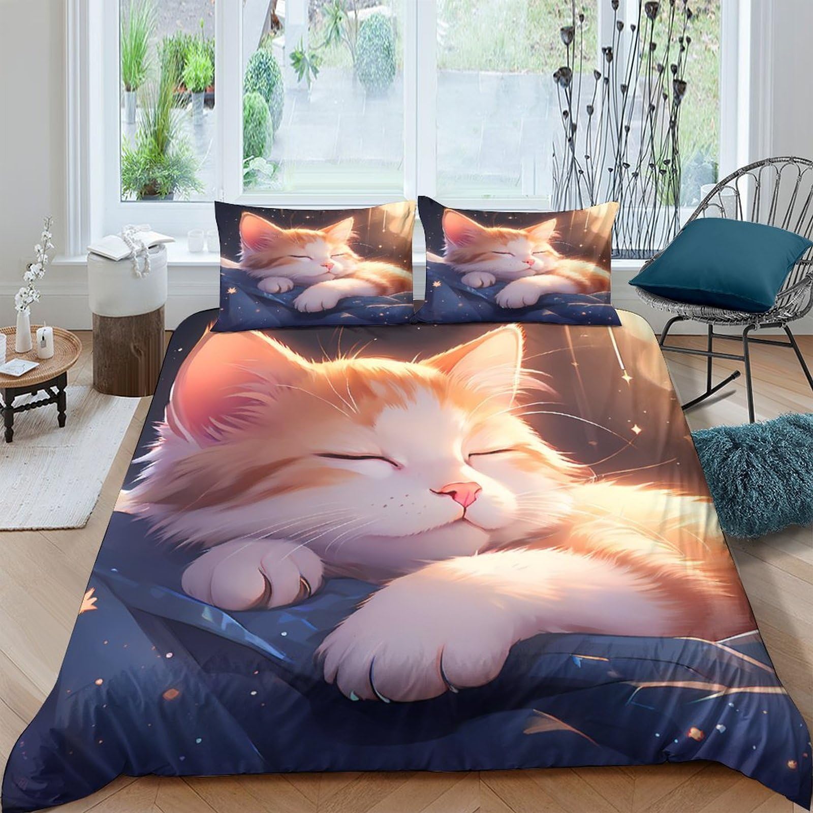Ctjqhvkz Style-4 3D Printed Sleeping Cat Fitted Sheet Microfiber Soft Breathable Orange Kitten Mattress Cover Bedroom Decor Single（135X200cm）