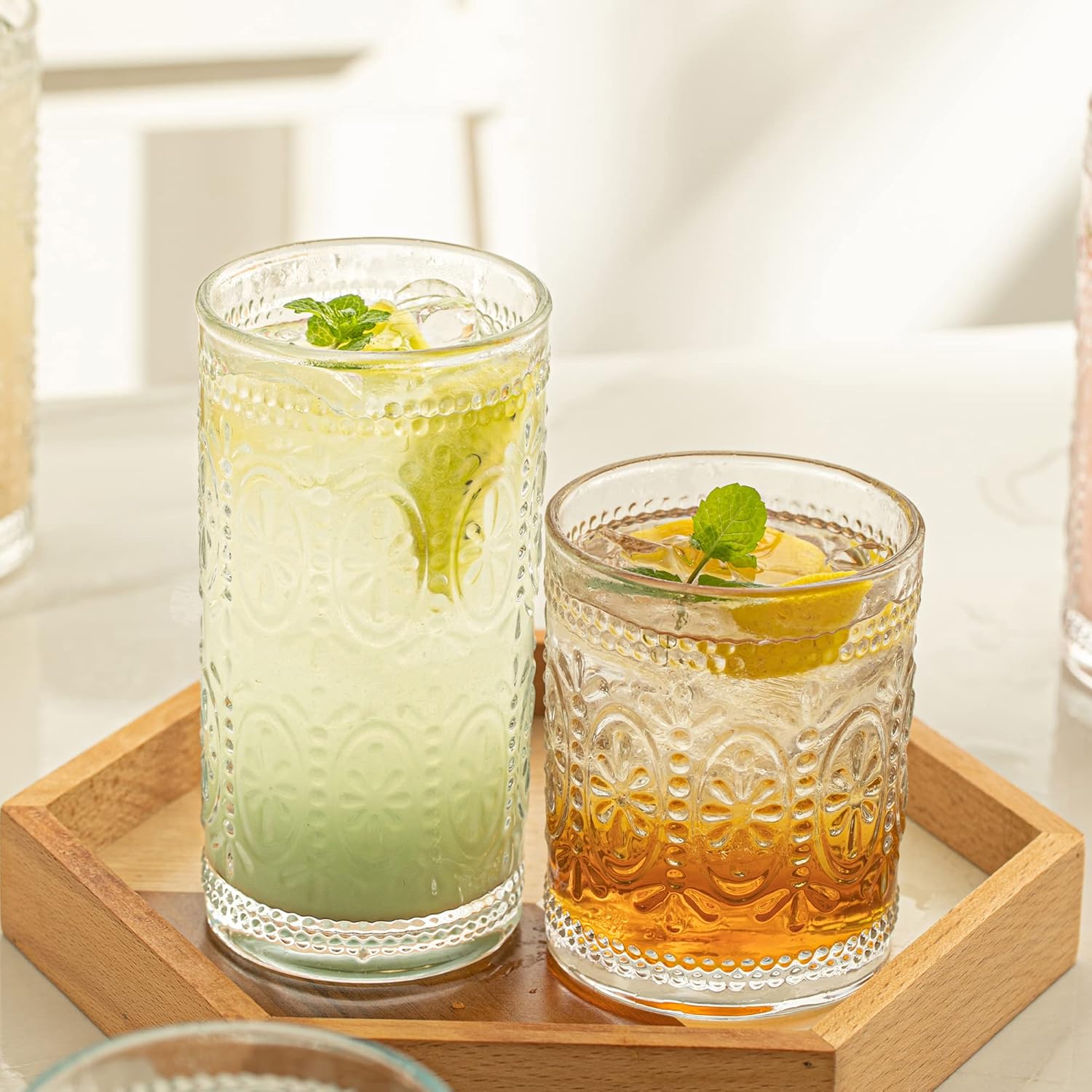 Stylish Vintage Glassware Set - 4 Pack Embossed Drinking Glasses, Tempered Glass Tumblers for Juice, Water, Cocktails - 2 x 10.8 oz & 2 x 13.5 oz - Glass Cups for Home and Bar Use