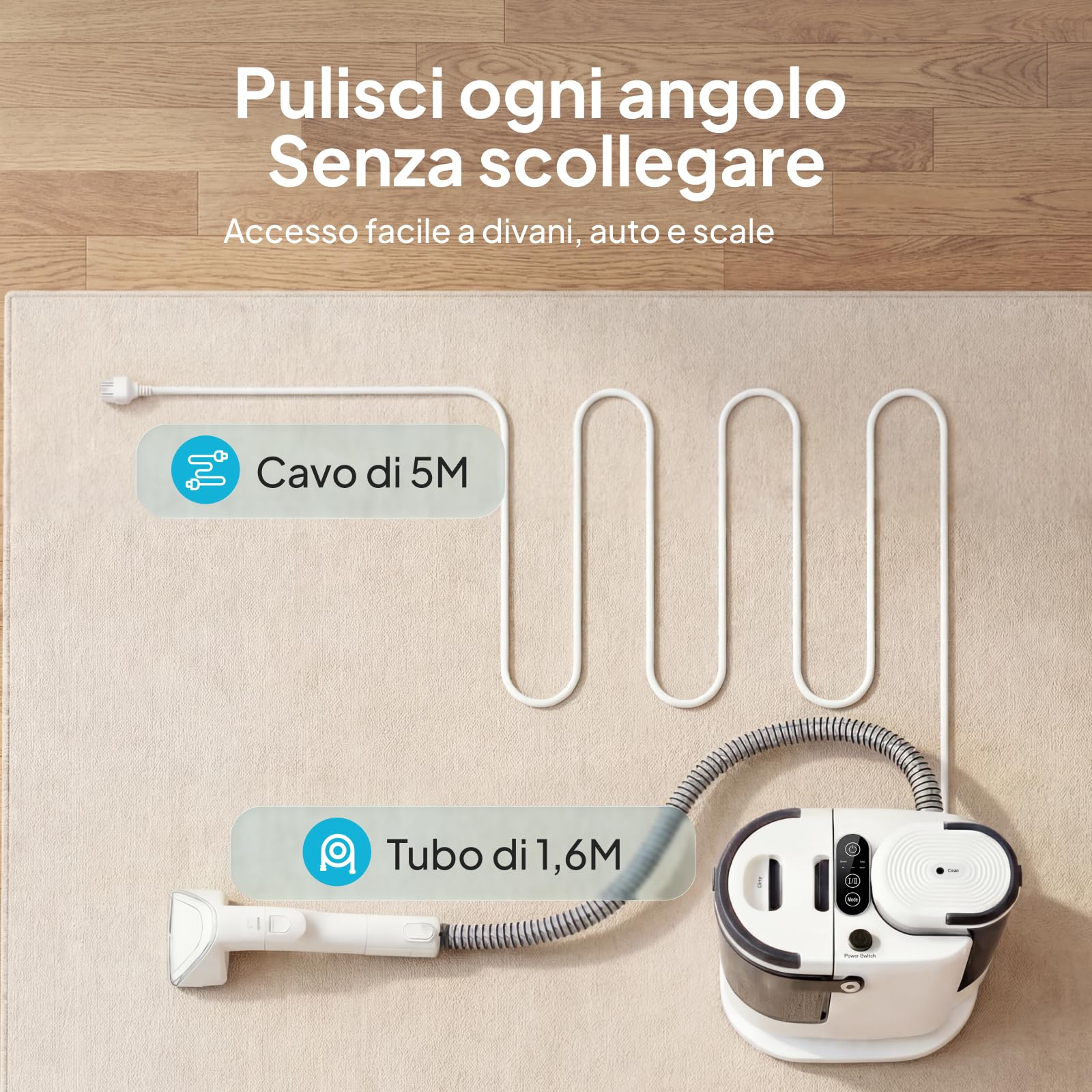 Livatro Lavatappeti e Divani Lava e Asciuga, 1700W Pulitore a Vapore per Divani, 15KPa Lava Tappezzeria, Pulisci Divani a Vapore, Serbatoio da 1,6 L, per Pulito, Mobili Imbottiti, Sofà, Auto