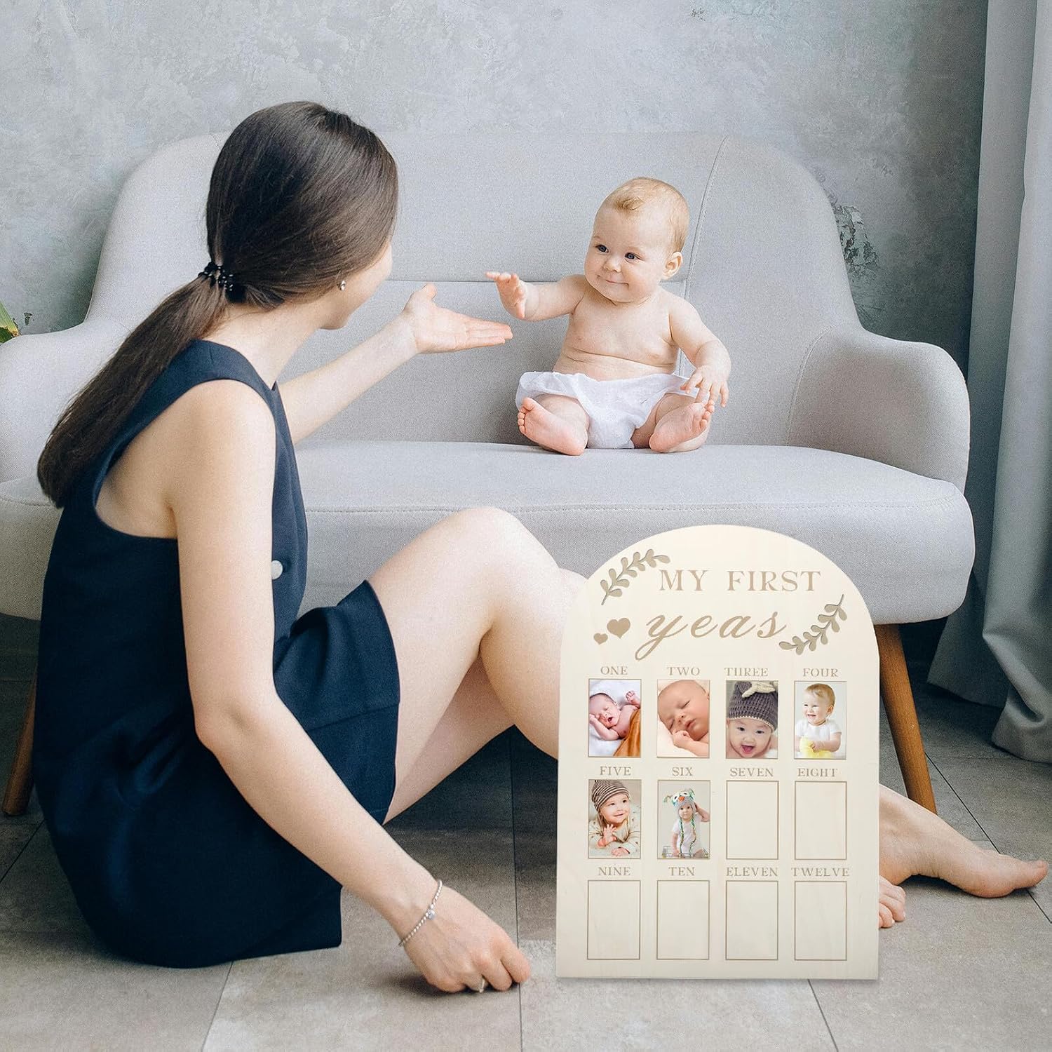 STOBAZA Keepsake Photo Board Wooden Frame 12 Months Milestone First Year Picture Frame Newborn Nursery Décor