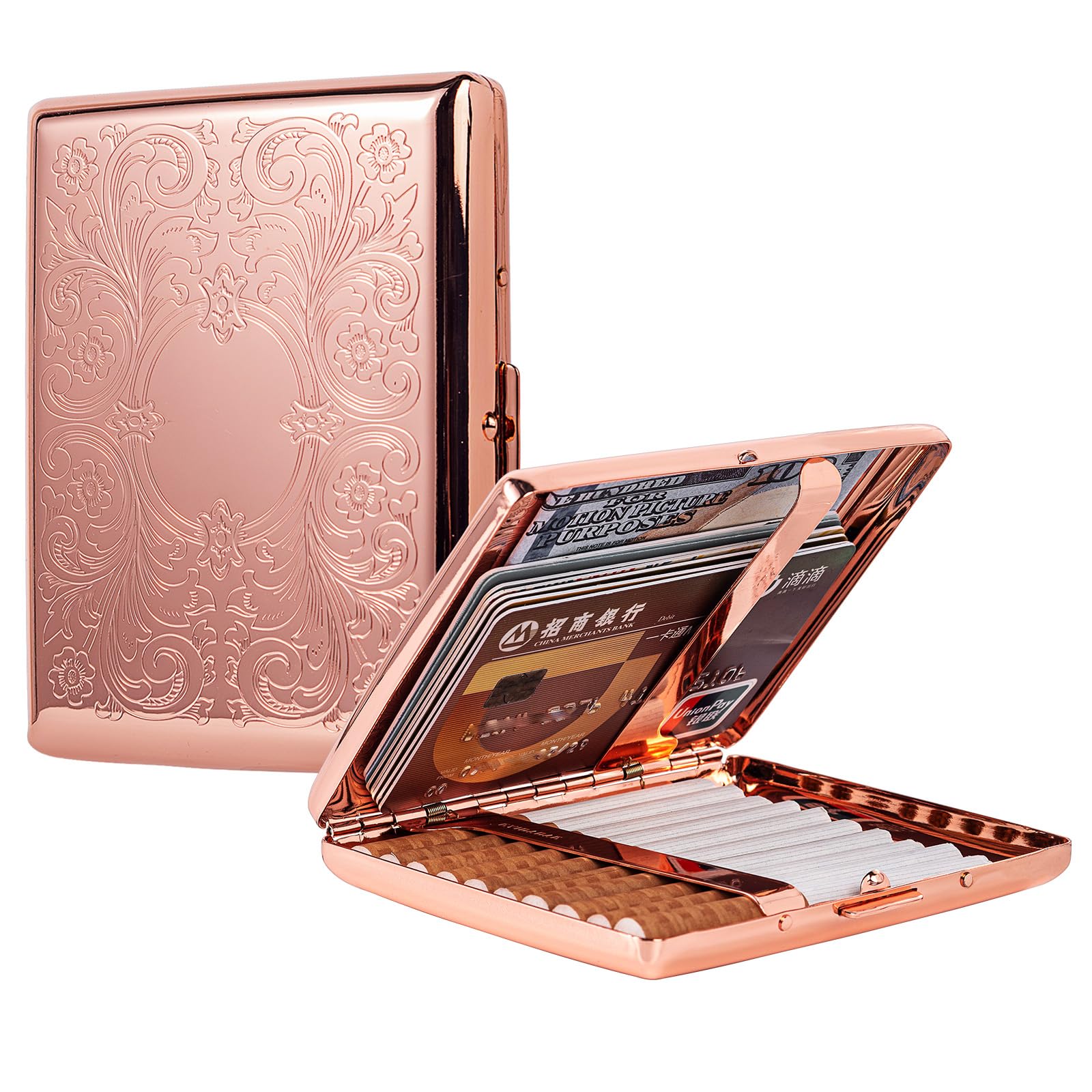 Metal Cigarette Case - Women and Men, Portable Double Sided Spring Clip Cigarette Case, Holds 20 Regular Size Cigarettes, Fits 100mm Cigarettes (20pcs Pattern Rose, 20pcs 100mm)