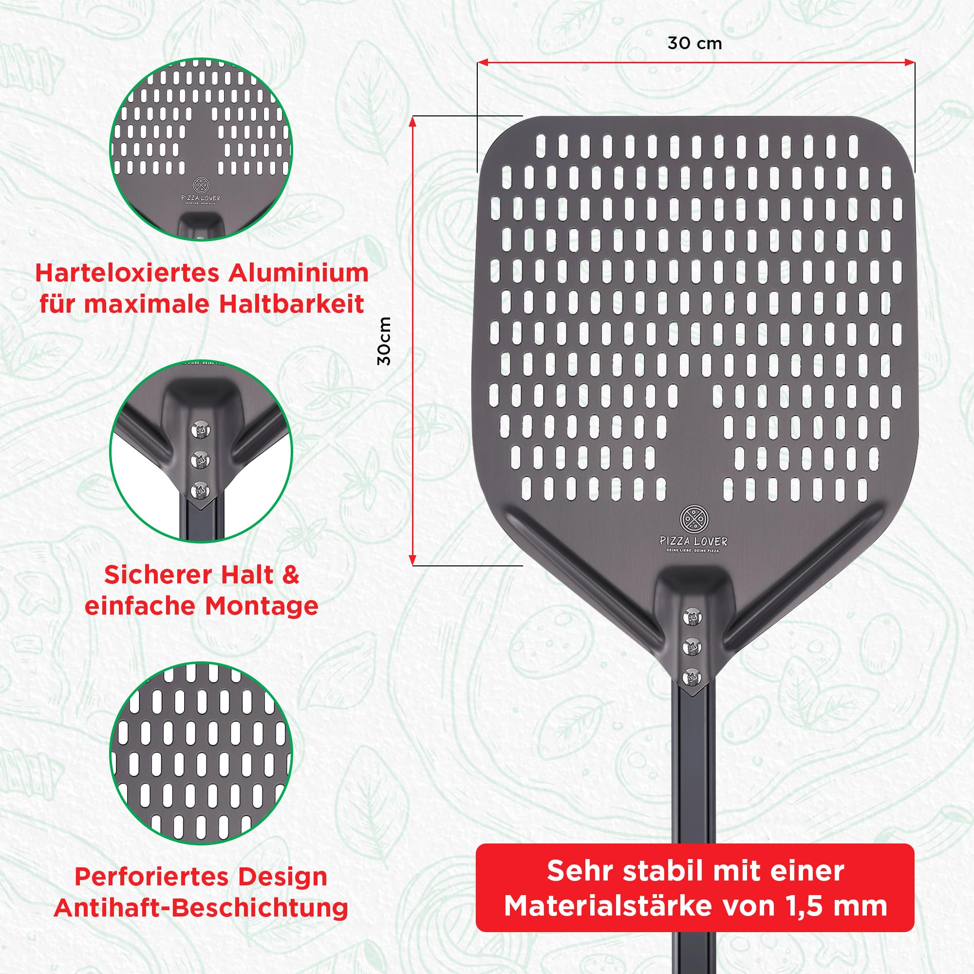 Pizza Lover Premium Pizzastein-Set für Backofen & Grill – 4in1 – inkl. perforiertem Pizzaschieber (harteloxiert) + Pizzastein bis 800°C aus Cordierit + Pizzaschneider & Rezeptbuch