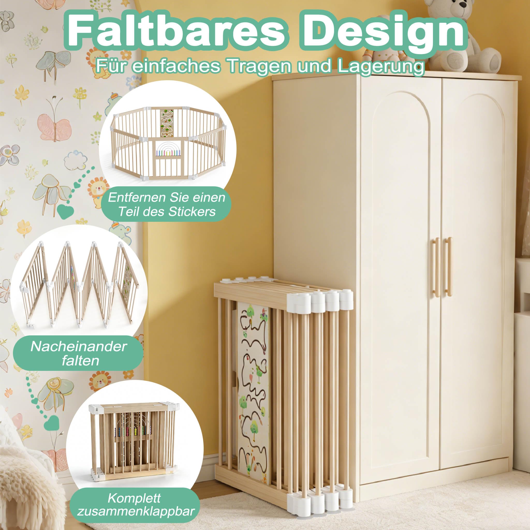 LZQ Parc en bois pour bébé - 8 éléments - Avec porte et tableau de jeu - Pliable - Barrière de sécurité - Grille de protection pour bébé