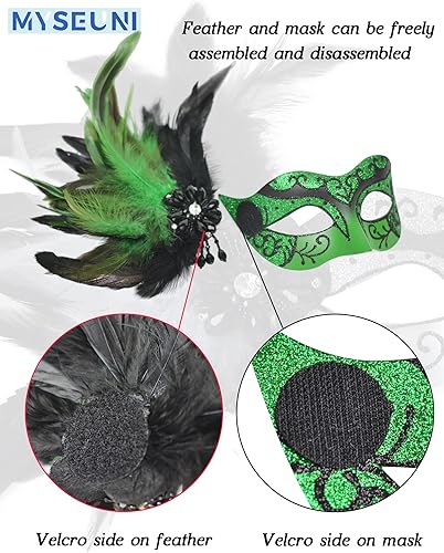 Miniatura 3 de Juego de máscaras verdes para él y para ella, máscara de máscara de plumas para pareja y máscara veneciana para fiesta de máscaras, Mardi Gras,