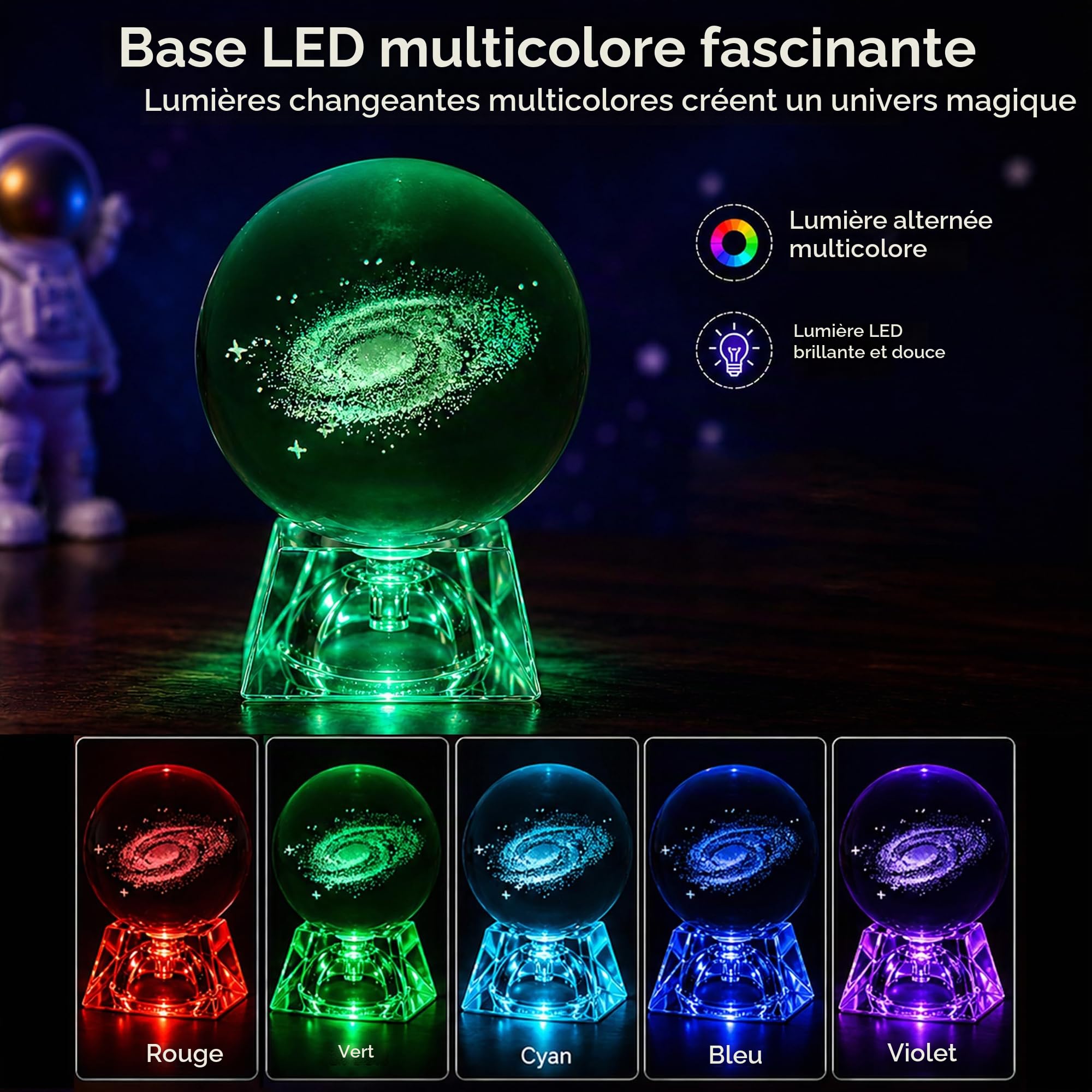 Boule de Cristal Galaxie 8 cm avec Socle LED, Sphère en Verre Gravure Laser 3D, Veilleuse Chambre Bébé et Enfant, Lampe Galaxy Décorative, Cadeau Anniversaire Noël pour Garçon et Fille