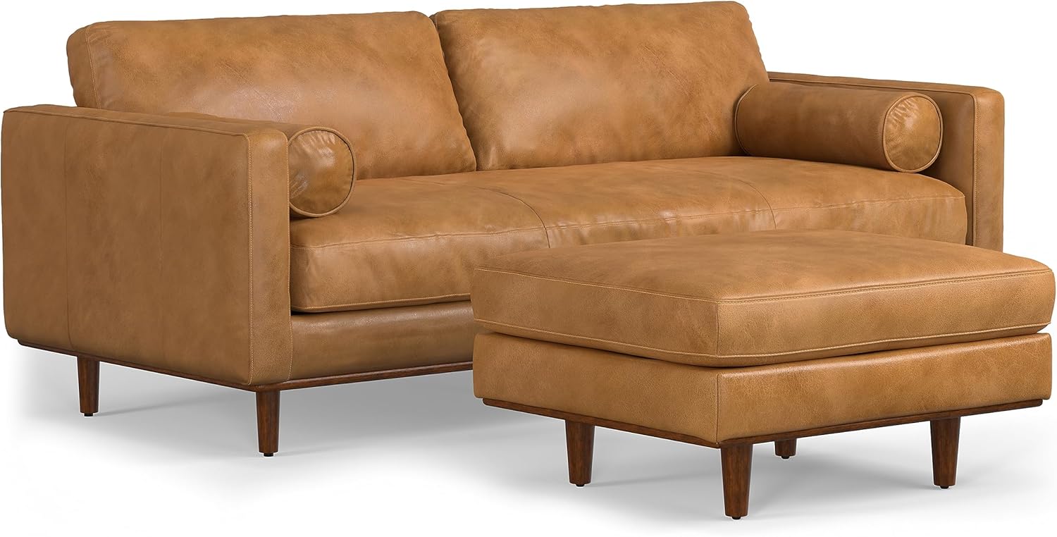 SIMPLIHOME Morrison Mid-Century Modern 89 inch Wide Sofa with Ottoman Set in Sienna Genuine Leather for the Living Room and Family Room