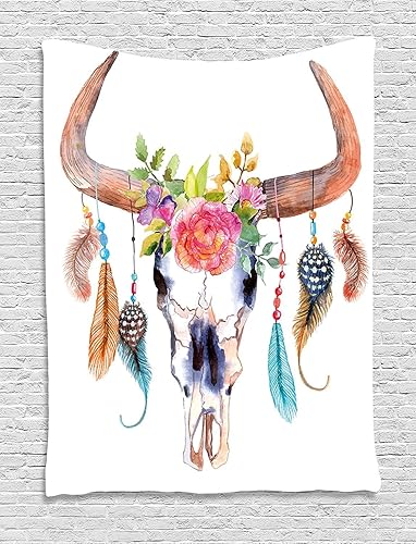 Ambesonne Tapiz de plumas, decoración de calavera de toro estilo acuarela, imagen vibrante, colgante de pared para dormitorio, sala de estar,