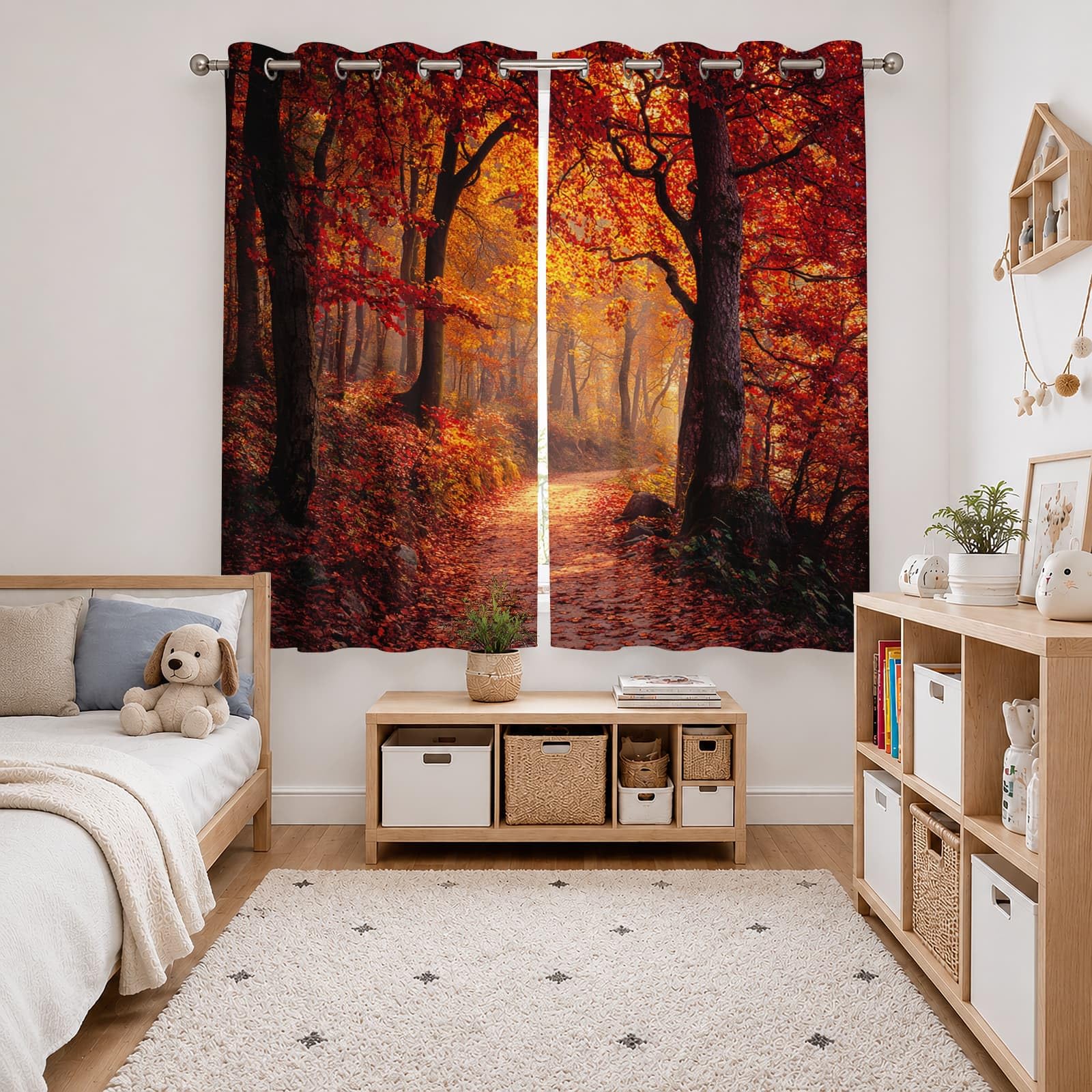 Genérico Blackout Cortinas Salon Opacas 2 Piezas 140An x 260Al cm, Paisaje de Bosque Cortinas Termica Dormitorio con Ojales Naranja Rojo Visillos Acusticas Privacidad Suave
