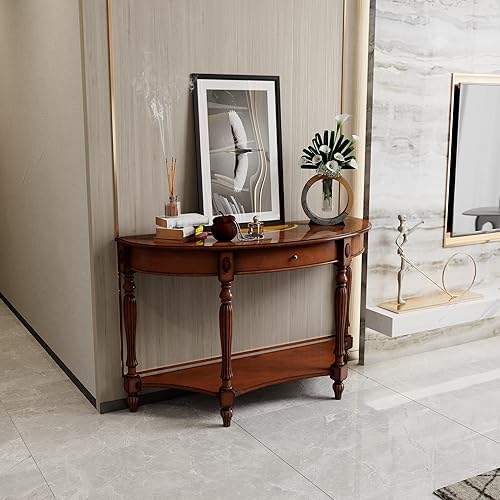 Miniatura 58 de PADMA HOUSE Mesa de sofá semicírculo tradicional de madera maciza con tapa de vidrio templado para sala de estar, nogal cereza