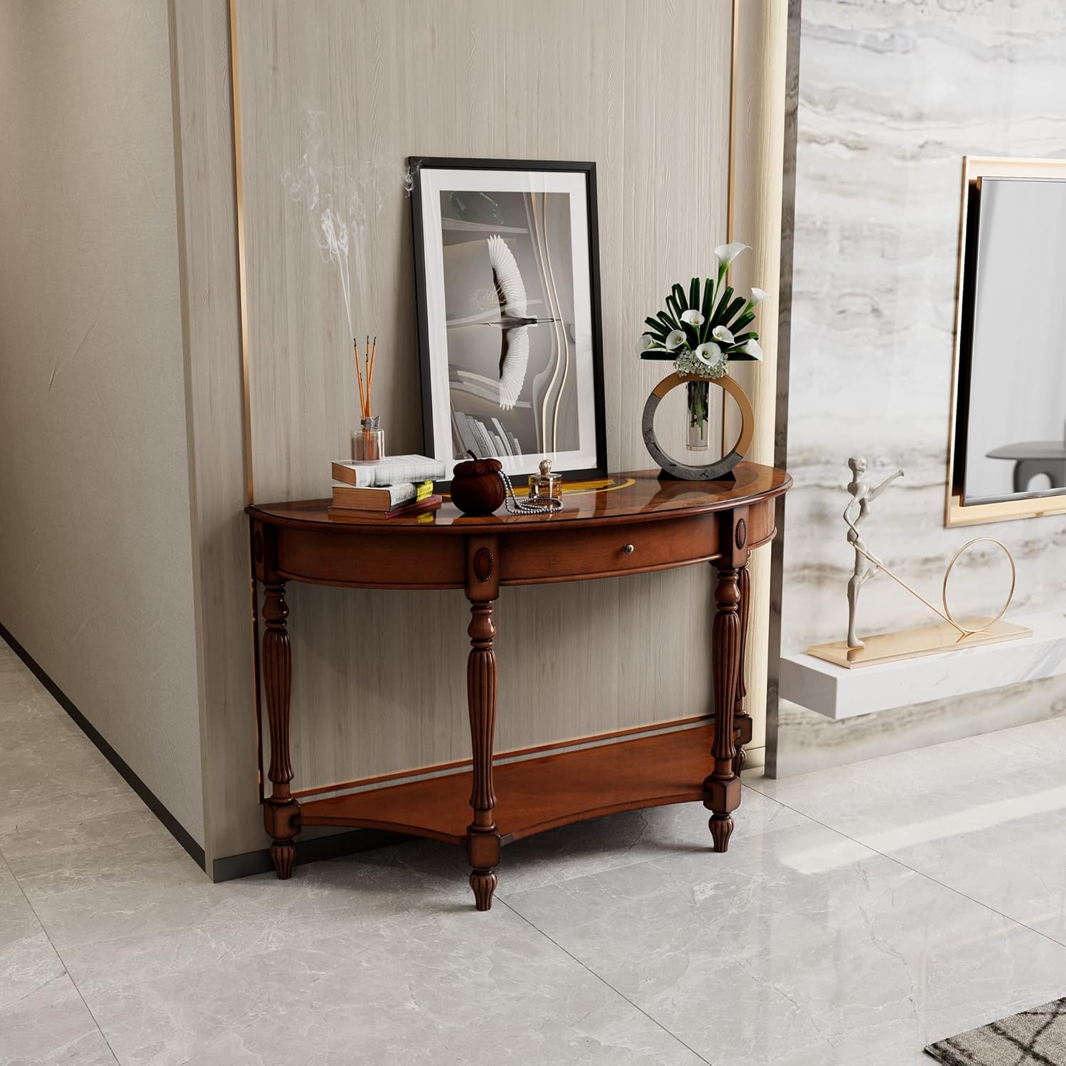Solid Wood Semi-Circle Sofa Table with Drawer 45 3 Traditional Living Room Console Table with Open Bottom Shelf