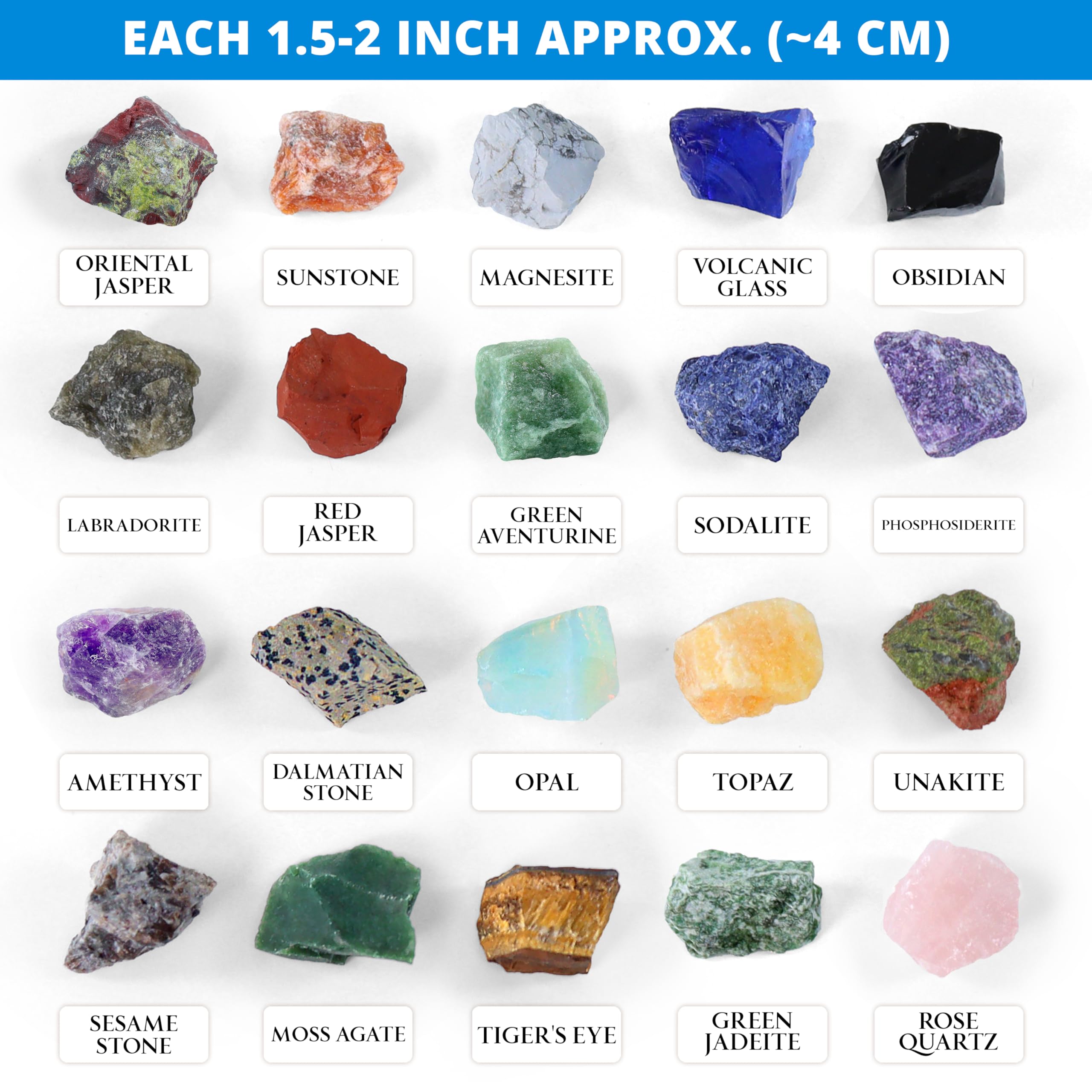 Jumbo Rock Collection Kit, 20 Pcs Large Unpolished Rocks, Minerals & Crystals (1.5-2 inch) with 54 Game Cards, Learning Book - Image 2
