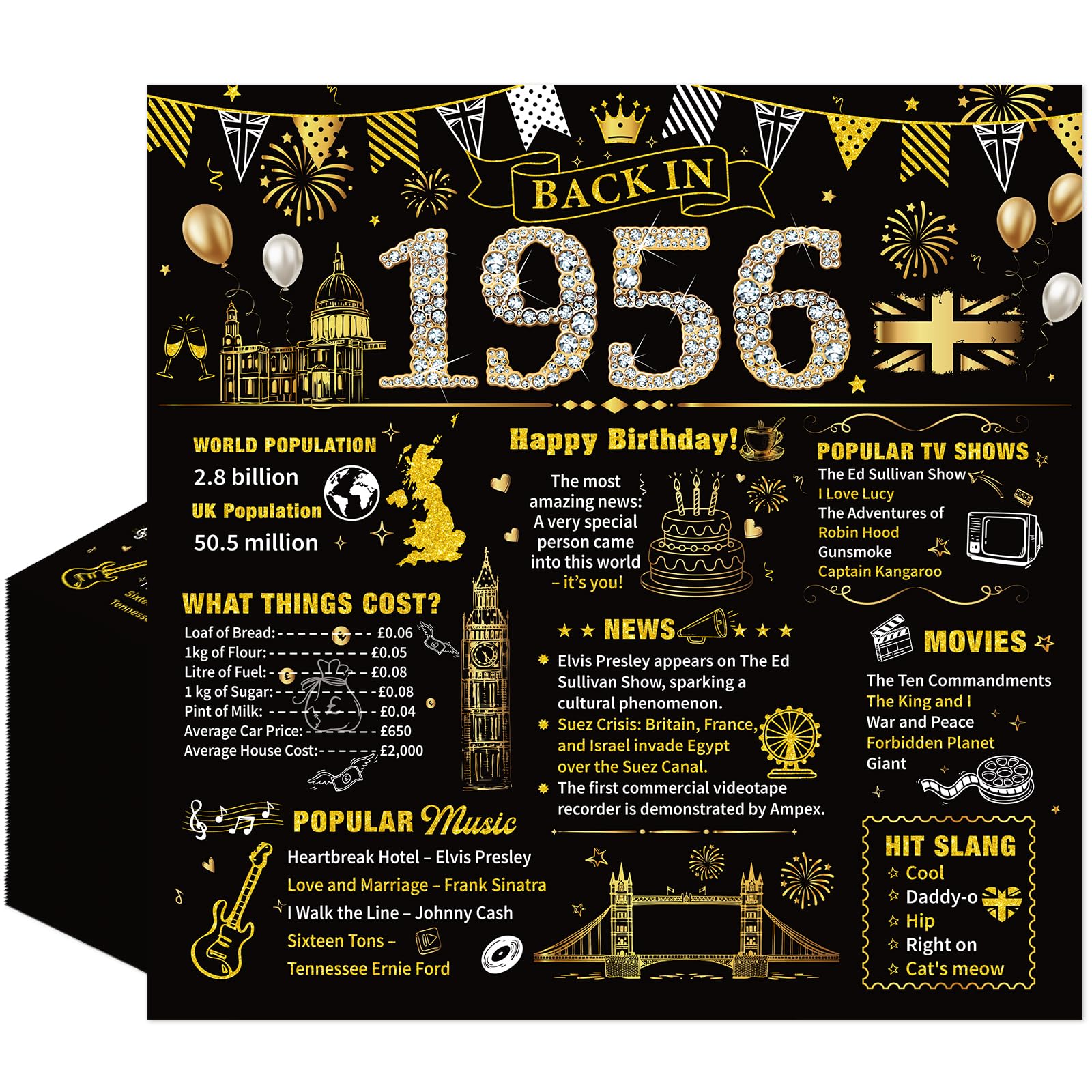 Eiapadeor 70th Birthday Paper Napkins - 20 Pcs 70th Birthday Cocktail Paper Napkins Black Gold Back in 1956 Disposable Tableware for Men Women 70 Year Old Party Decorations 6.3 x 6.3 inch Folded — image 1