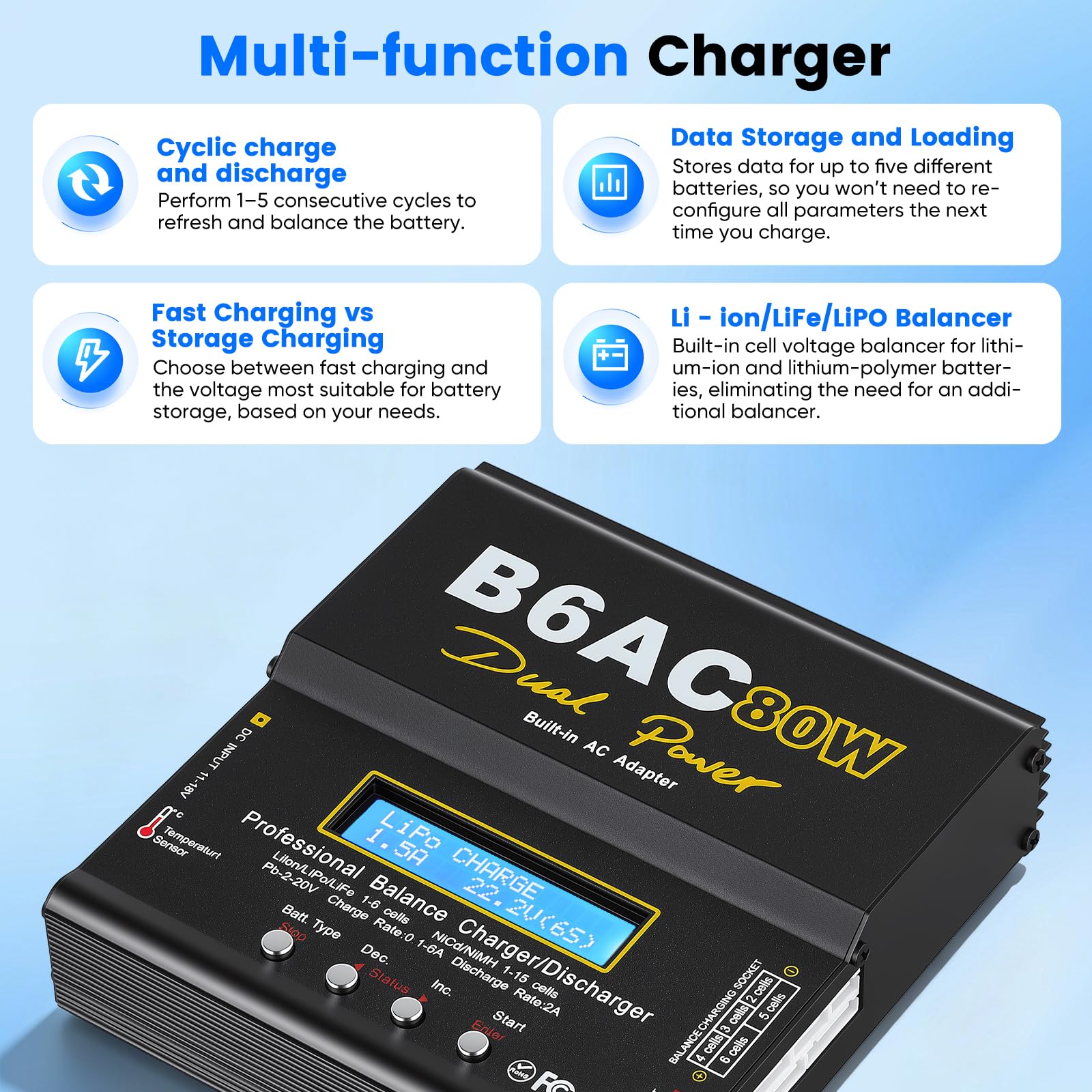 LiPo Ladegerät 80W 6A Dual Power Akku Ladegerät mit Balancer für LiPo Li-Ion Life (1-6S) NiMH NiCd (1-15S) PB, B6AC RC Batterie Ladestation mit LCD Display & Multi-Kabel für RC Auto Drohne, Schwarz