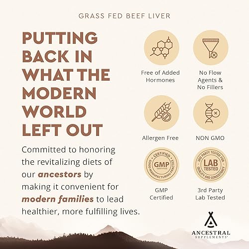 Vista 5 de Ancestral Supplements Grass Fed Beef Liver 180 Capsules, Supports Energy Production, Detoxification, Digestion, Immunity and Full Body Wellness