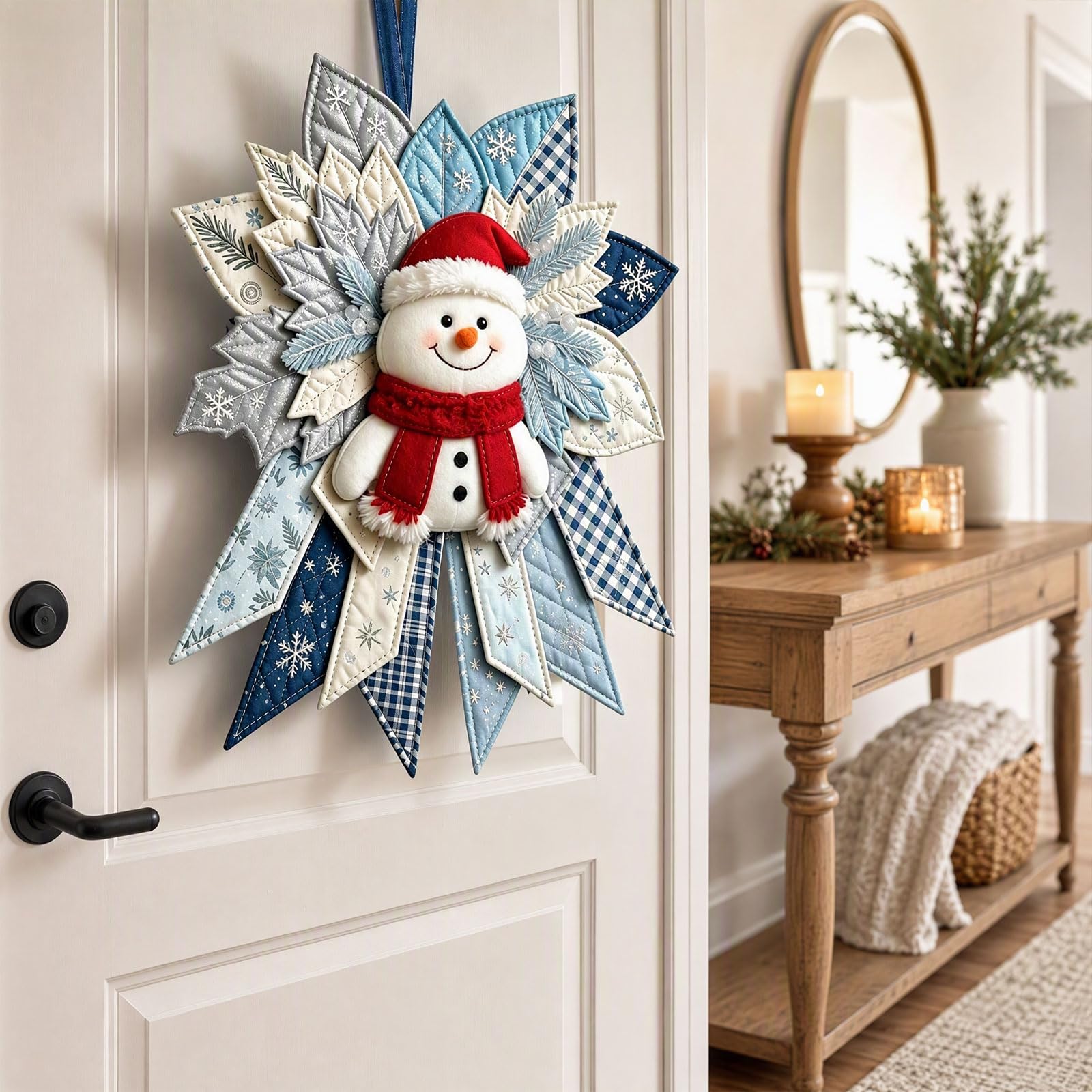 Festive Quilted Christmas Door Hanging DIY Sewing Kit, Christmas Quilted Bow DIY Kit with Fabric, Batting, Thread, Templates & Instructions, Patchwork Hanging Decor Kit for Door Wall Display (EE)