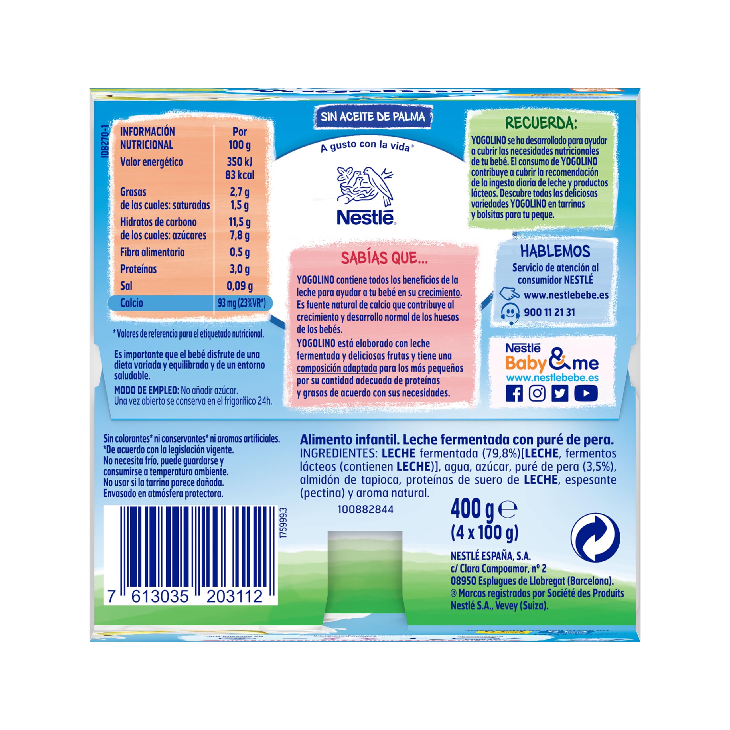 NESTLÉ YOGOLINO Postre Lácteo de Pera 4x100g a partir de 6 meses