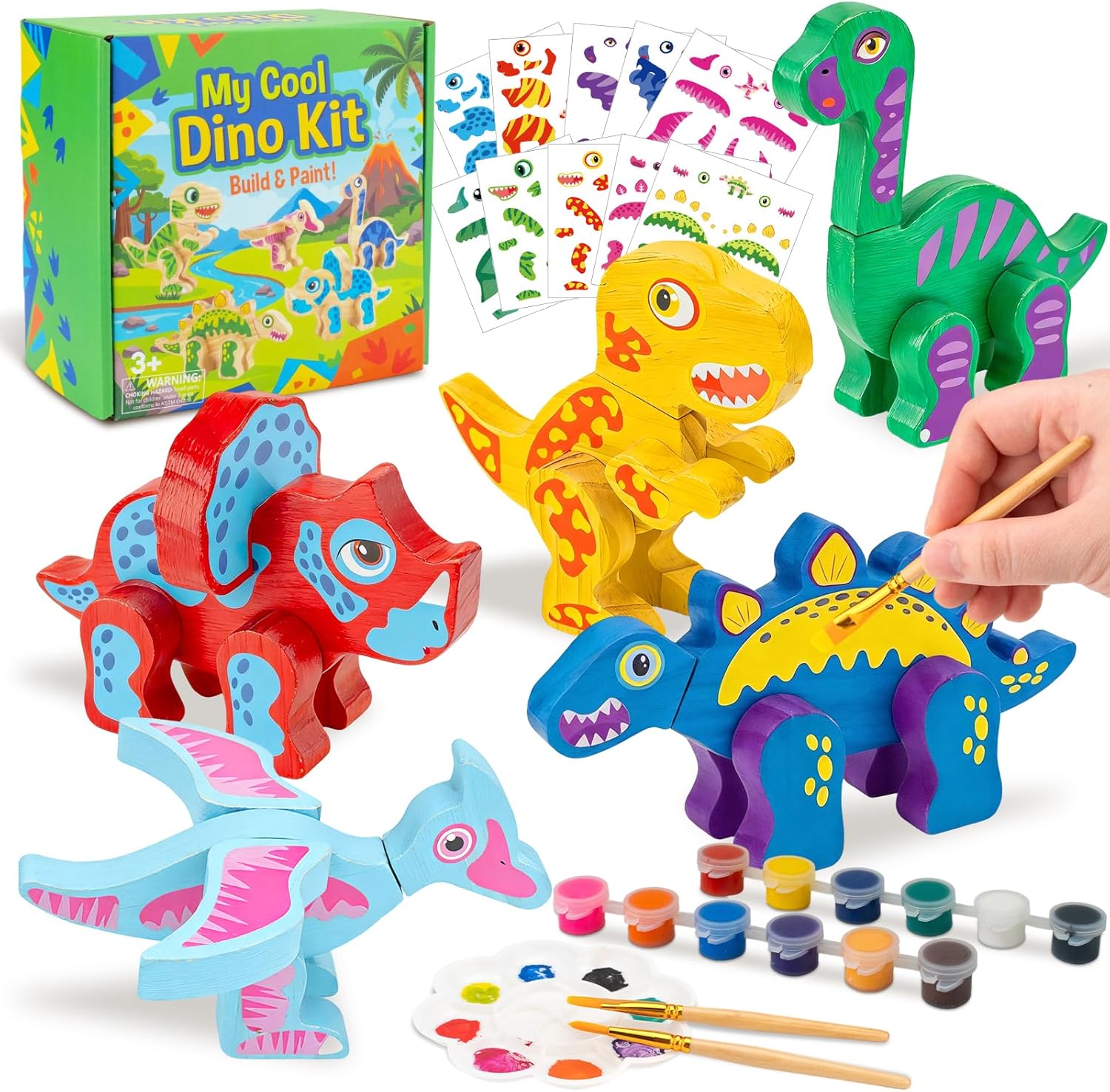 DoodleDoo Coloring Wooden Dinosaur Learning Toy, Dinosaur Building Toy with Paint and Stickers, Art Craft Kit for Ages 3-6 Boy Girl, Kids Birthday Party Gift