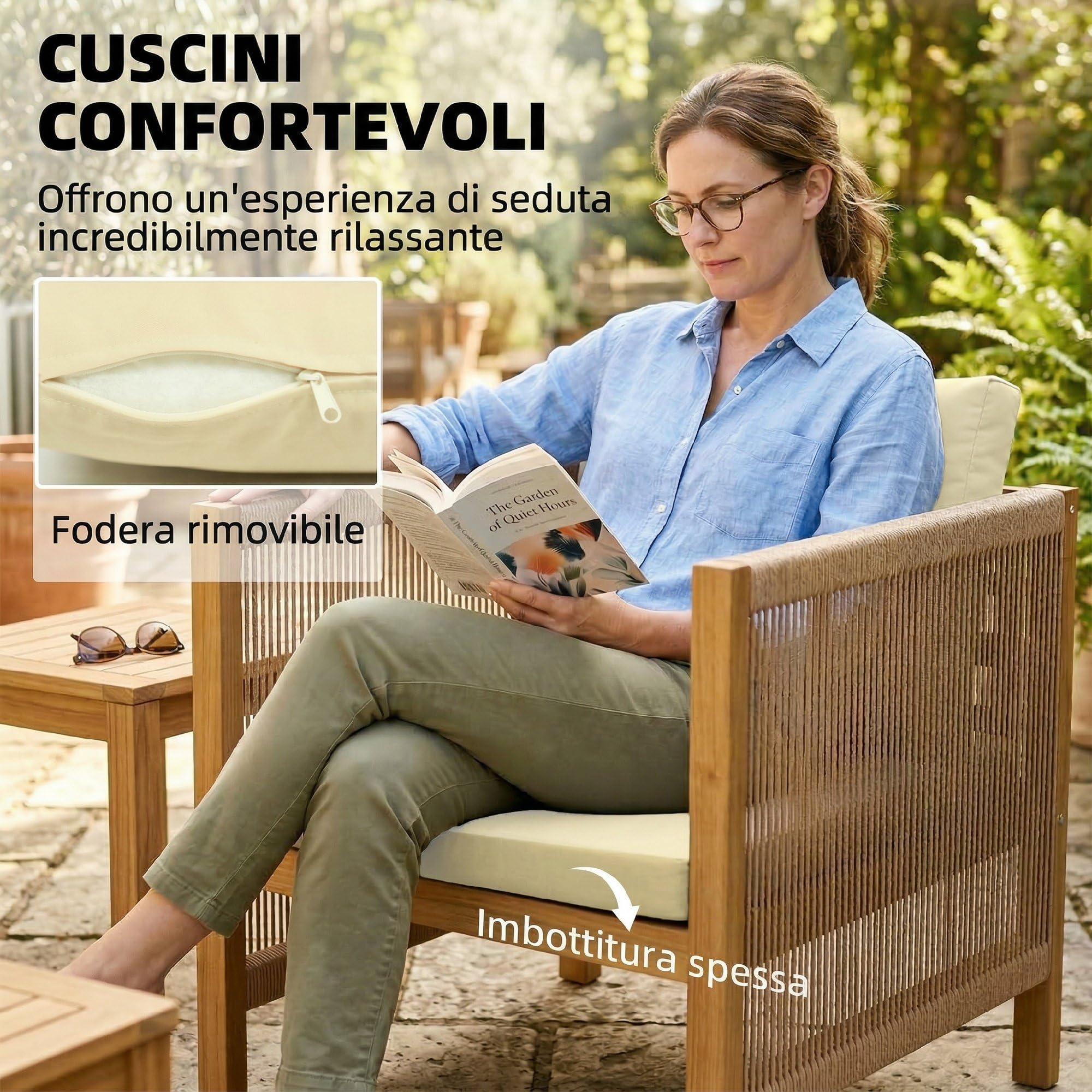 Outsunny Set Salotto da Giardino 4 Pezzi in Legno Acacia, Set di Mobili da Giardino con Divano 2 Posti, 2 Poltrone, Tavolino a Doghe, Cuscini e Decorazioni in Corda, per Patio Balcone, Beige/Naturale