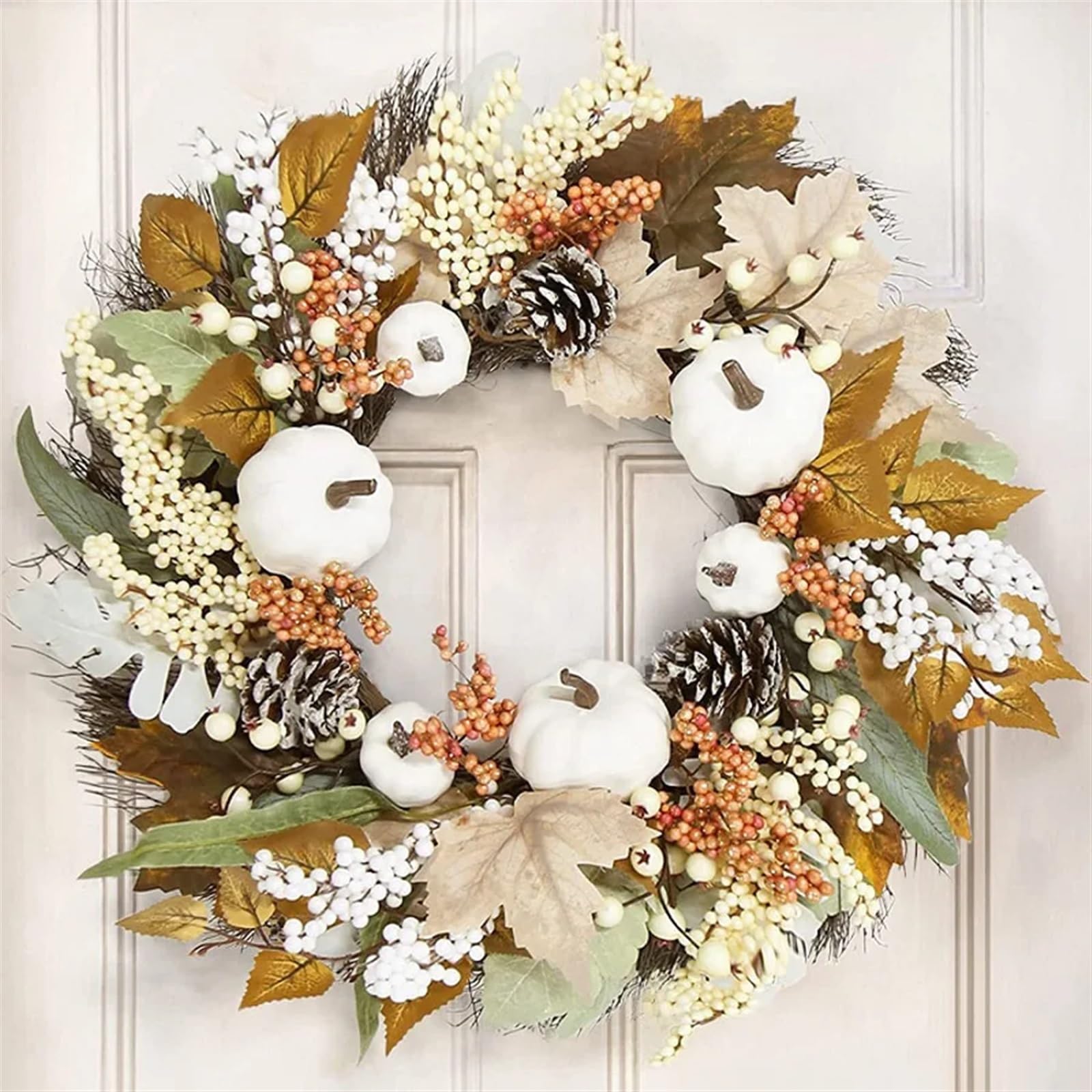 Herbstkranz Herbst Weißer Kürbis Kranz Thanksgiving Dekoration Ahornblatt for Haustür Hängen Indoor Outdoor Wand Wohnkultur(B,50CM)