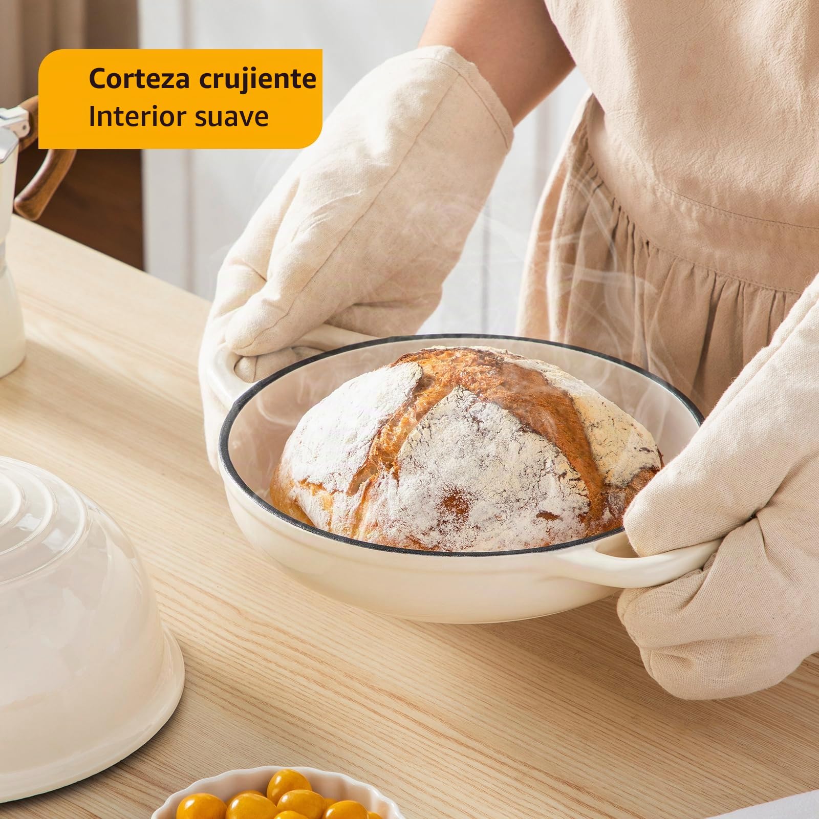 Velaze Olla de Hierro Fundido 4.8L - Cacerola Holandesa Redonda Esmaltada y Antiadherente Ø24cm con Tapa - Para Hacer Pan, Hornear e Inducción (Beige)
