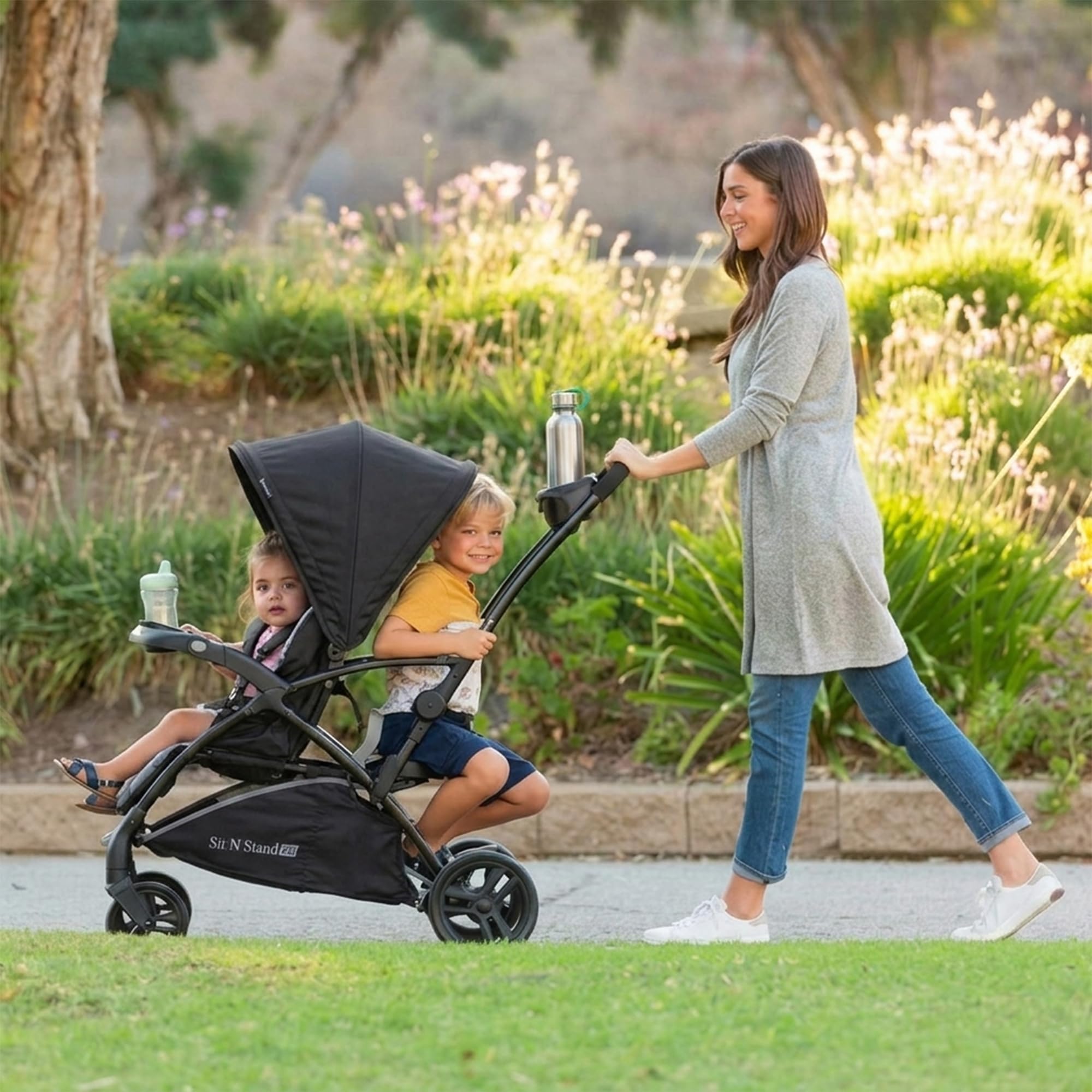 Amazon.com : Baby Trend Sit N' Stand 2.0, 5-in-1 Collapsible Sit and Stand  Double Stroller with Bench and Standing Board, Compact Fold, Parent  Console, Simple Grey : Baby