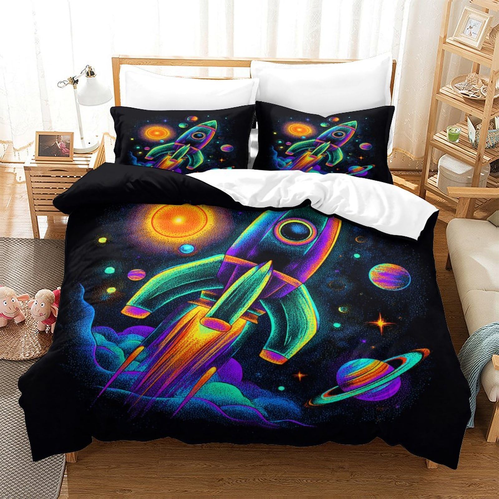 Parure housse de couette 3D extraterrestre et spaceship en microfibre respirante 260x220