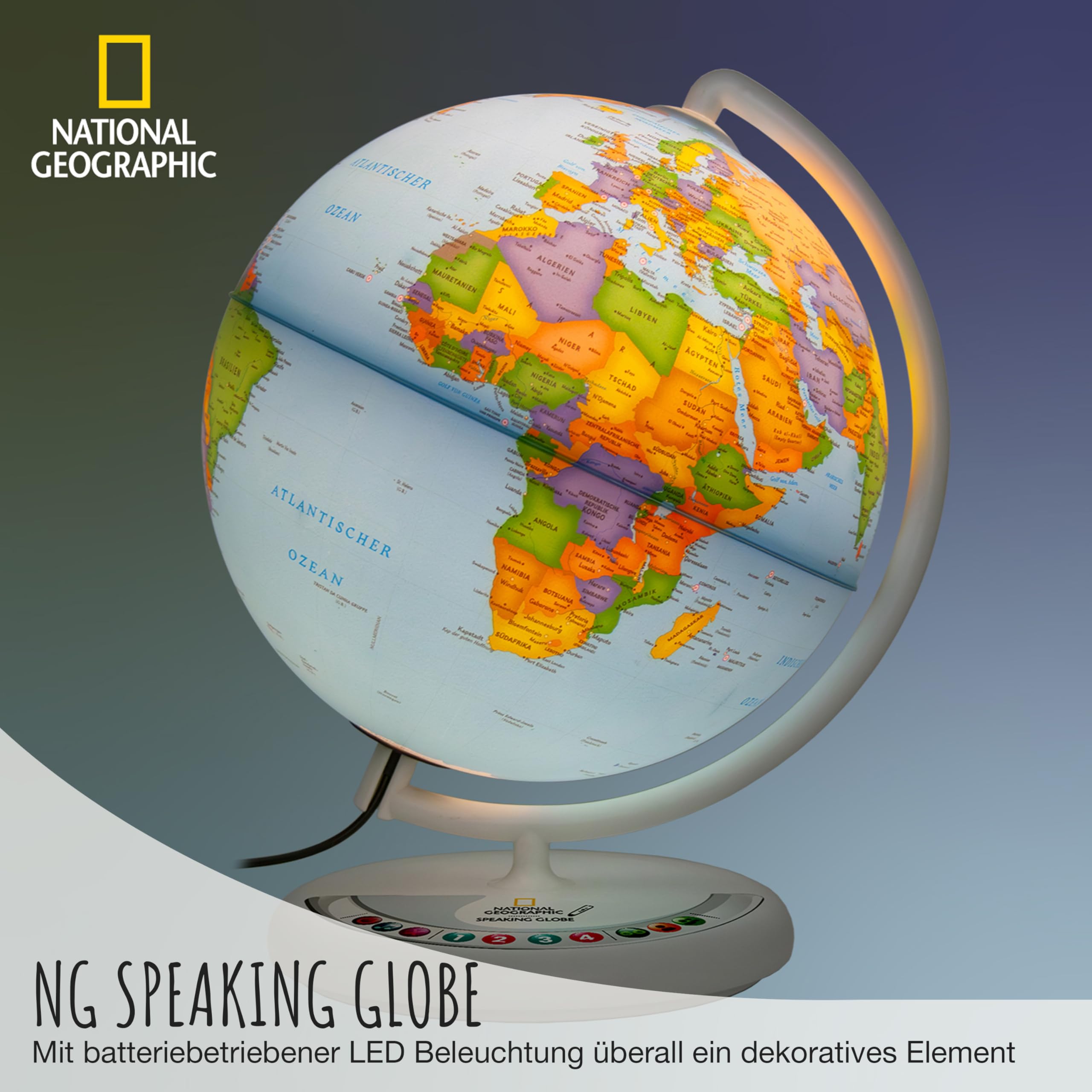National Geographic Speaking Globe - Globo terráqueo luminoso interactivo de 25 cm con lápiz de audio para información y juegos, globo luminoso con cartografía política alemana