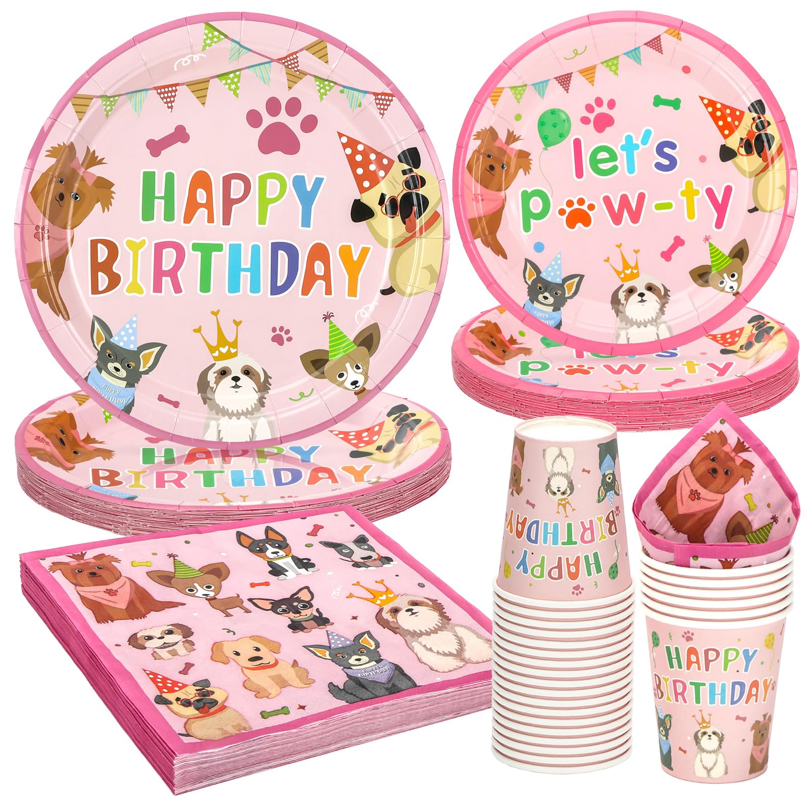 Assiettes en carton rose sur le thème du chien pour 24 invités