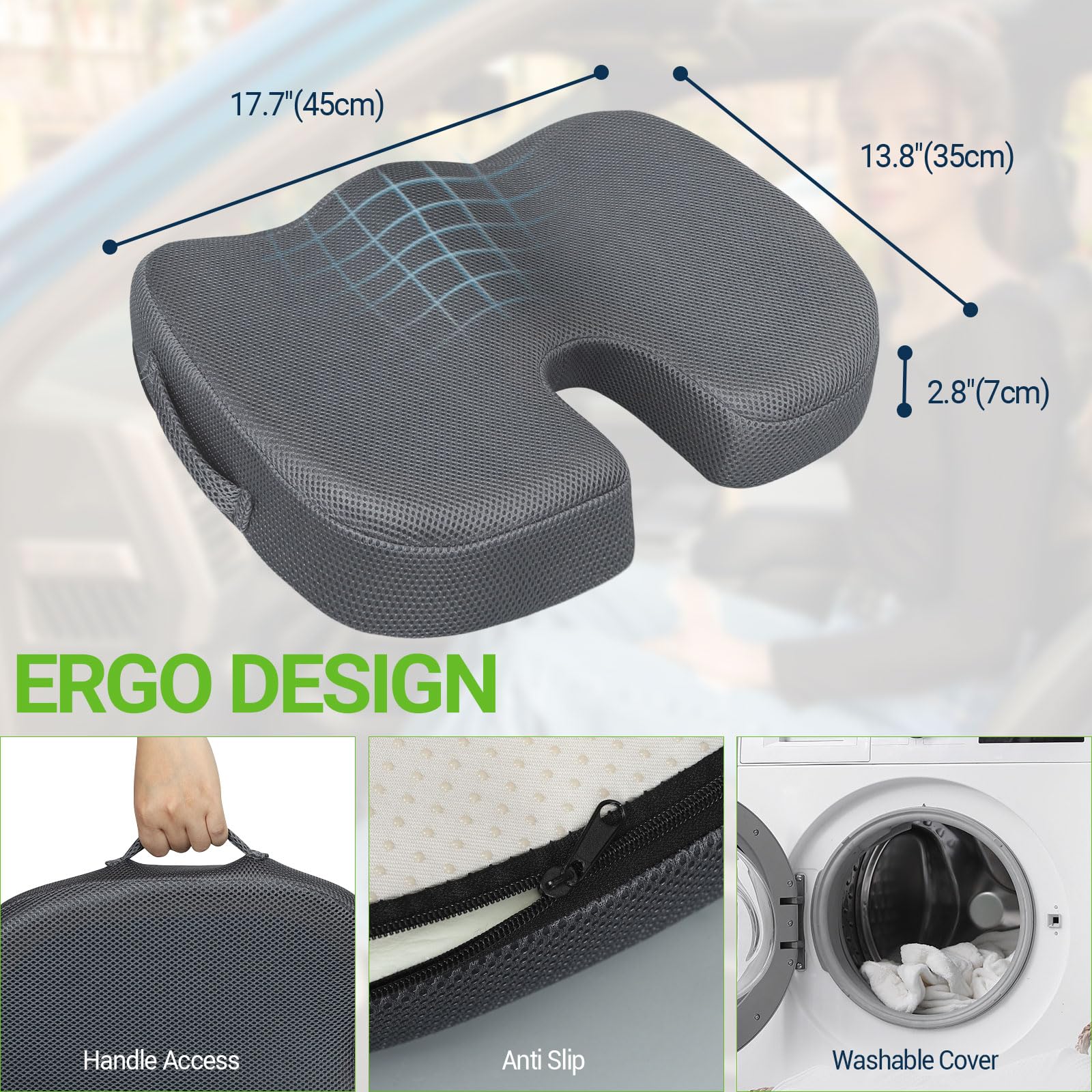 Season Guard Cojín de gel para asiento de oficina, cojín de espuma viscoelástica de gel antideslizante, para el dolor de coxis, para silla de escritorio, asiento de coche, alivio del dolor de espalda