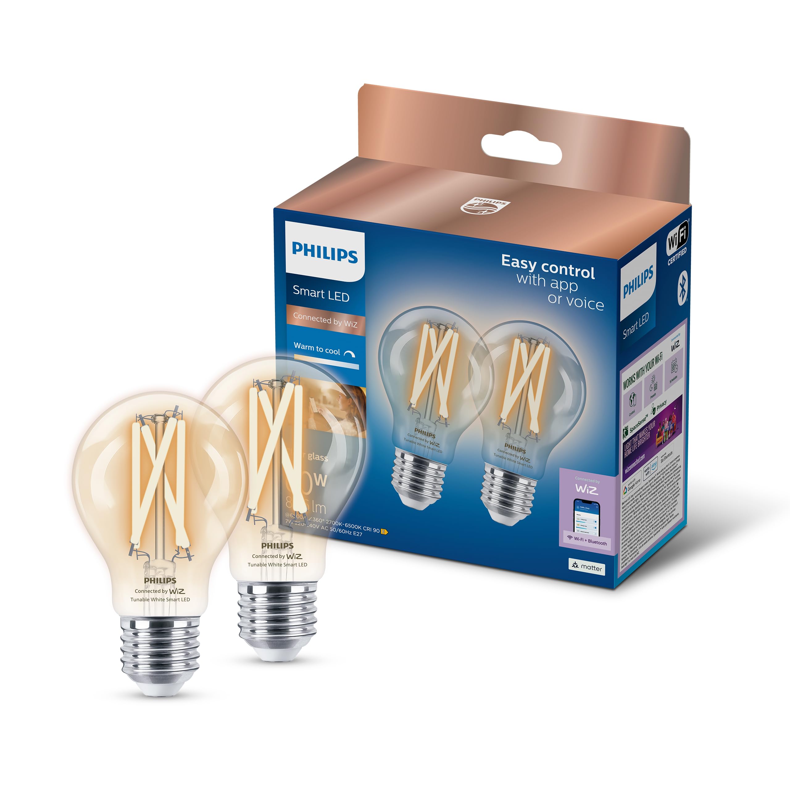 Philips Smart Lighting, Smart LED Filament A60 Bulb, E27 Base, 806 lm, Tunable White Light 2700-6500 K, Low Dimming, Connected by WiZ, Alexa, Google Home, Apple Home, 2 Pack