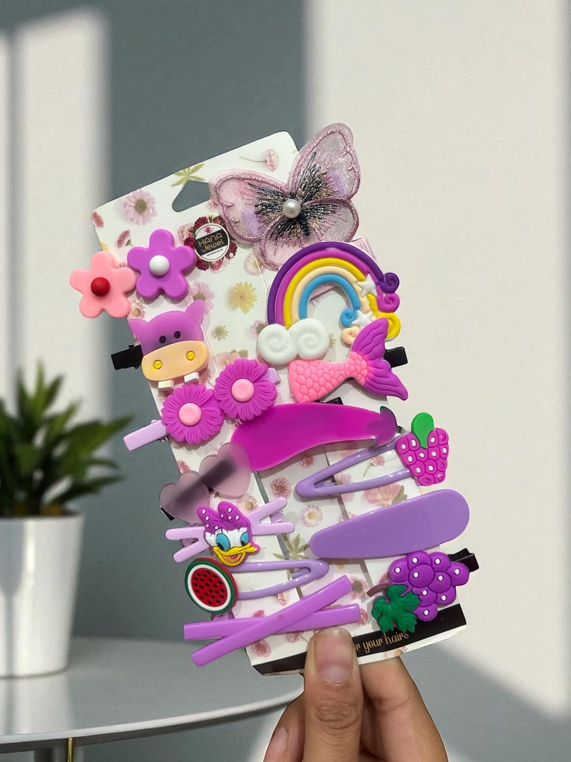 Fashion Flair Colorful Baby & Kids Hair Clips Set – Cute Cartoon, Fruit & Flower Designs – Girls Hair Accessories for Toddlers & Children (Purple)