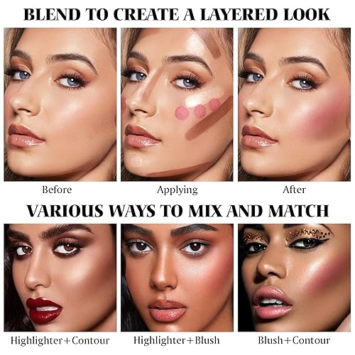Miniatura 7 de Kit de maquillaje en barra de contorno de crema de 3 piezas, resaltador en barra de rubor crema, barra bronceadora de contorno para mejillas,