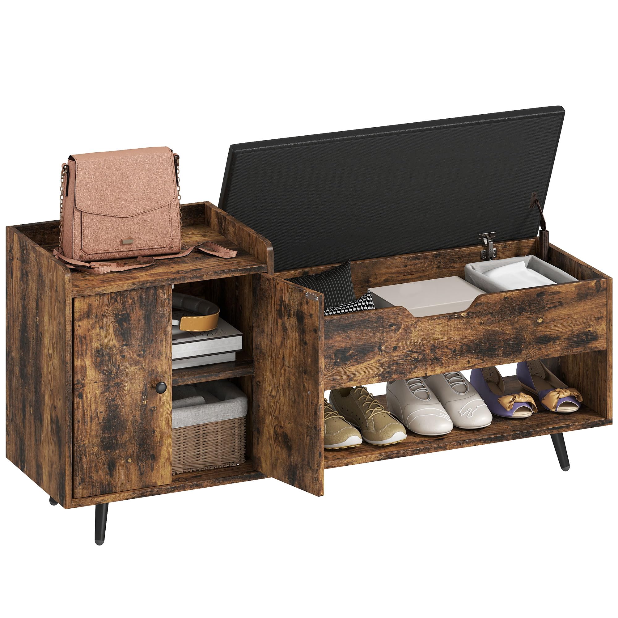 HOMCOM Banco Zapatero, Banco Recibidor Industrial, con Asiento Acolchado, Compartimento Oculto, Estantes, Puertas, Estante Abierto para 3 Pares de Zapatos, para Entrada, 127x35x59 cm, Marrón Rústico