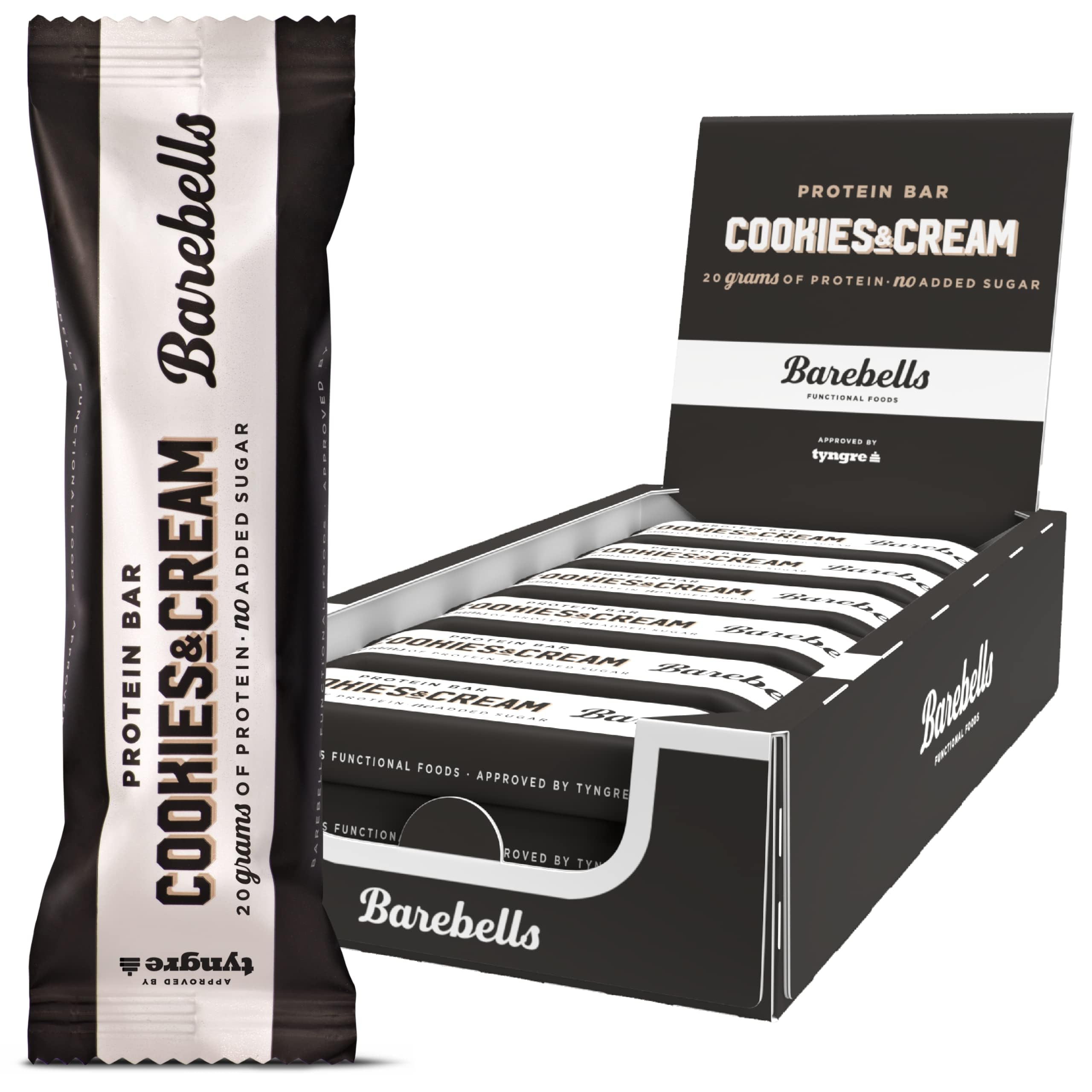 BarebellsCookies & Cream High Protein and Low Carb Bar - 12 x 55g (1,94 oz) Low Sugar Snack Protein Bar with 20g protein